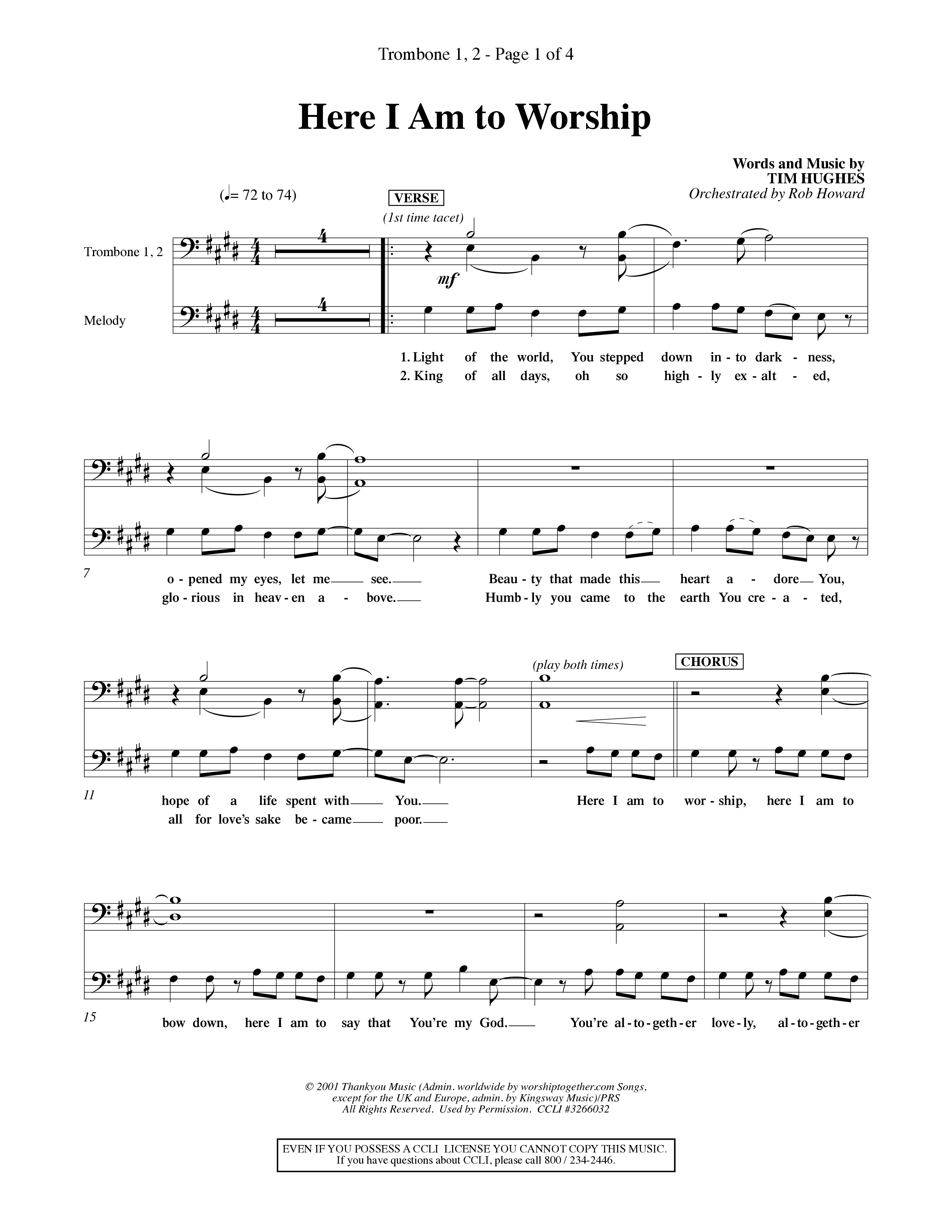 Here I Am To Worship (Choral Anthem SATB) Trombone 1/2 (Word Music Choral / Orch. Rob Howard)