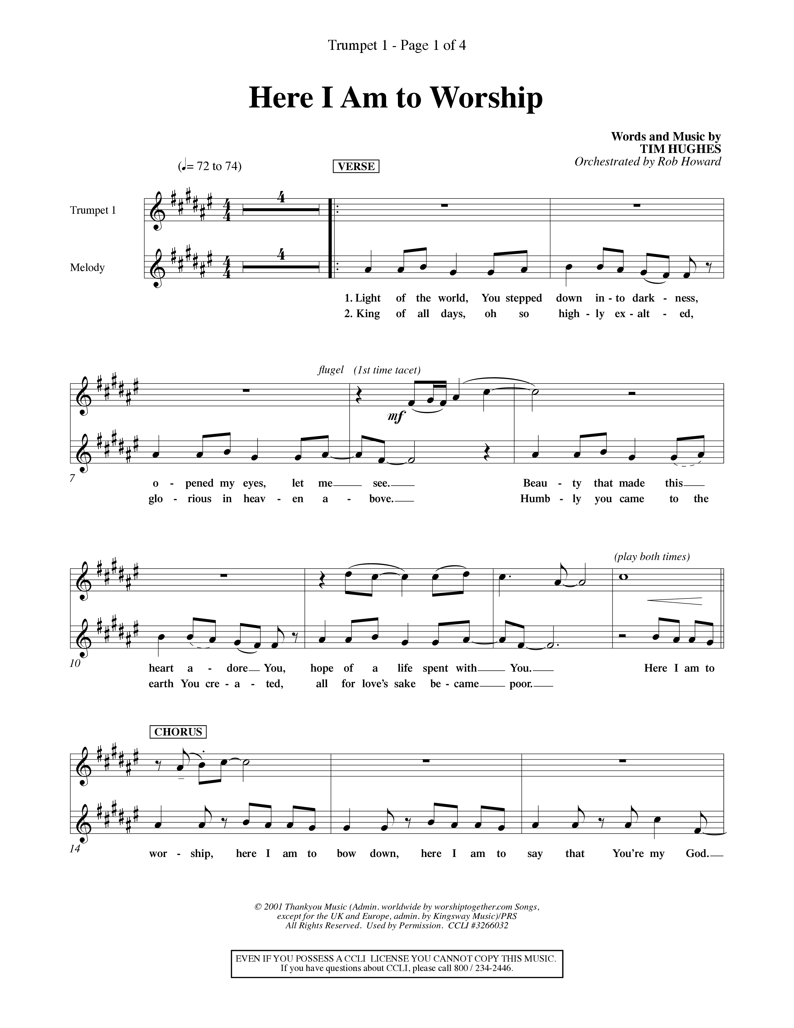 Here I Am To Worship (Choral Anthem SATB) Trumpet 1 (Word Music Choral / Orch. Rob Howard)