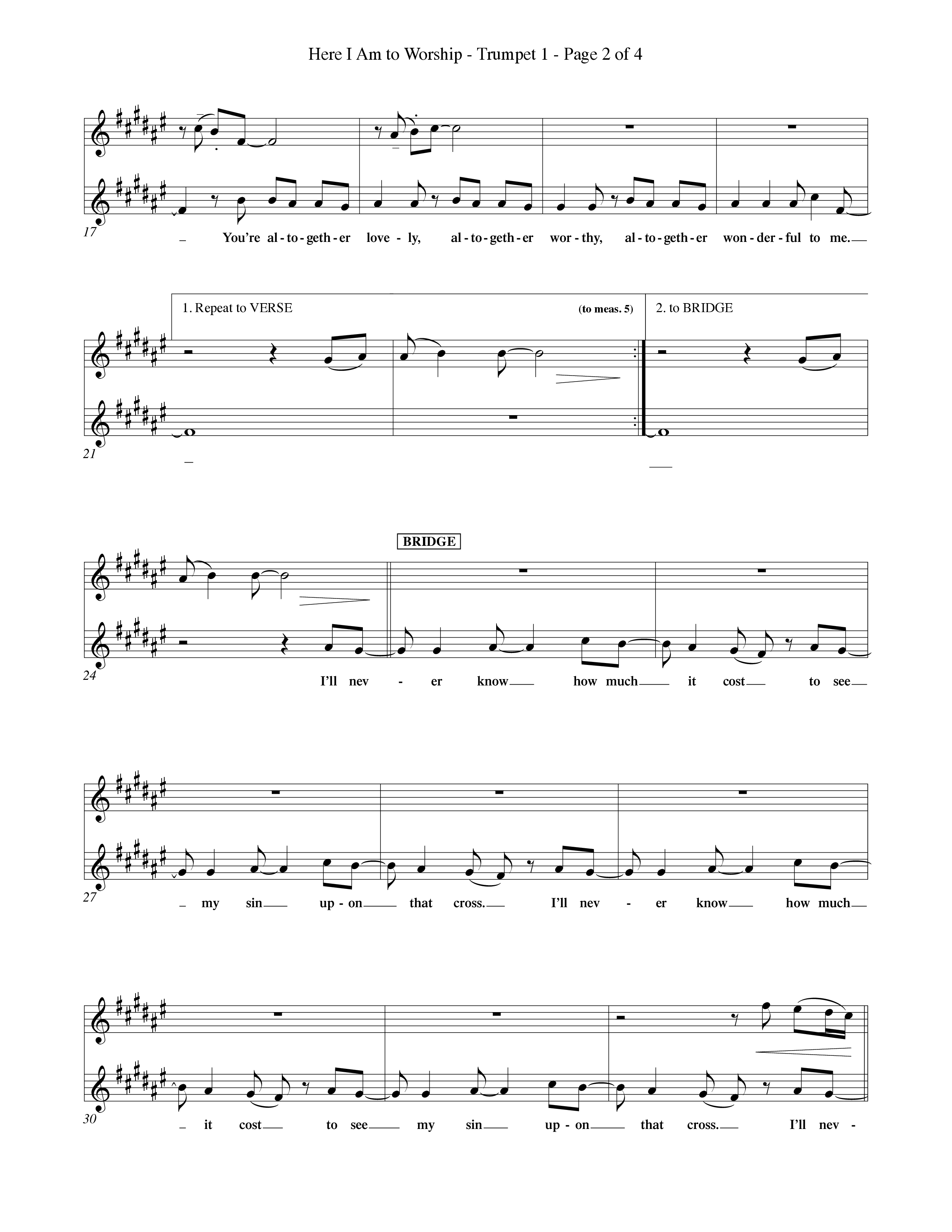 Here I Am To Worship (Choral Anthem SATB) Trumpet 1 (Word Music Choral / Orch. Rob Howard)