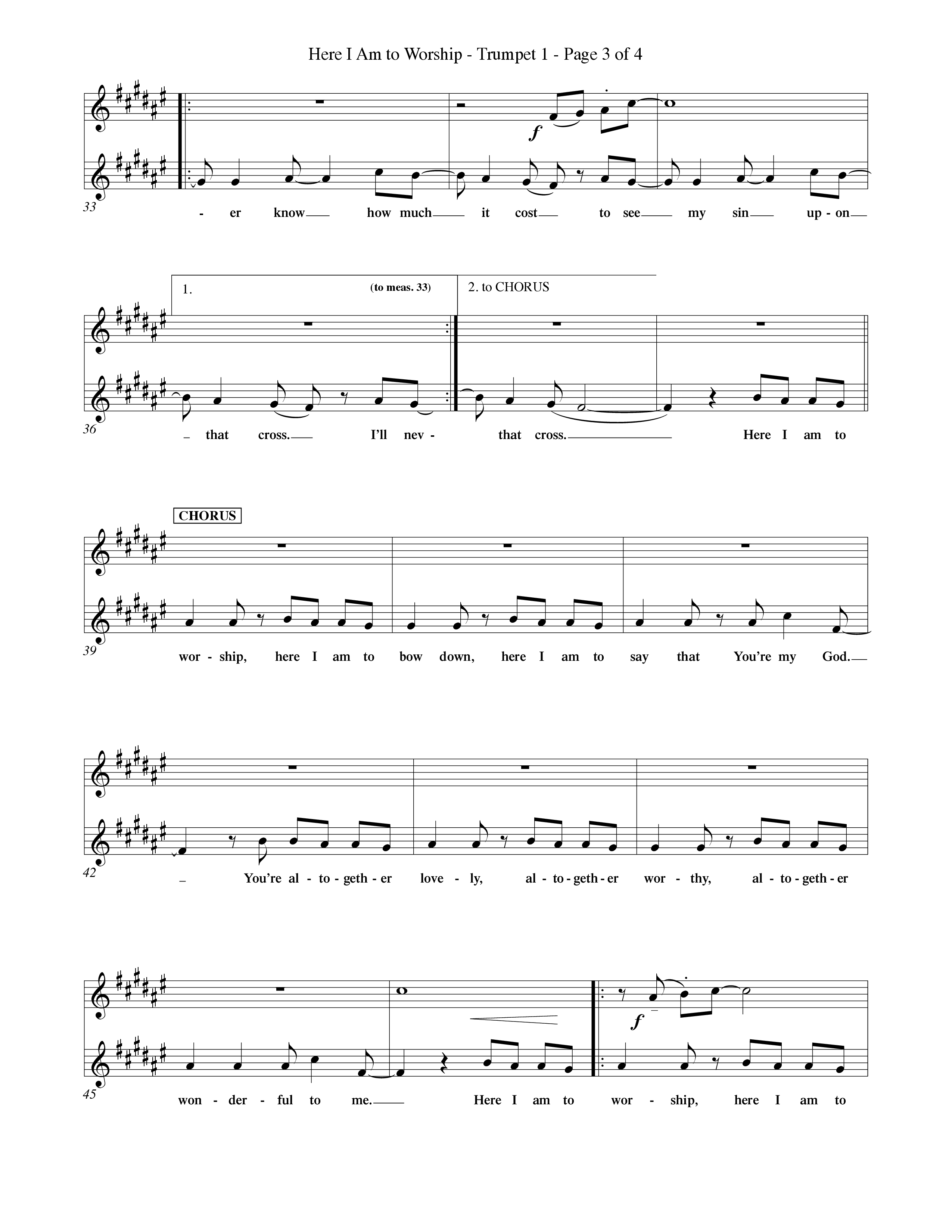 Here I Am To Worship (Choral Anthem SATB) Trumpet 1 (Word Music Choral / Orch. Rob Howard)