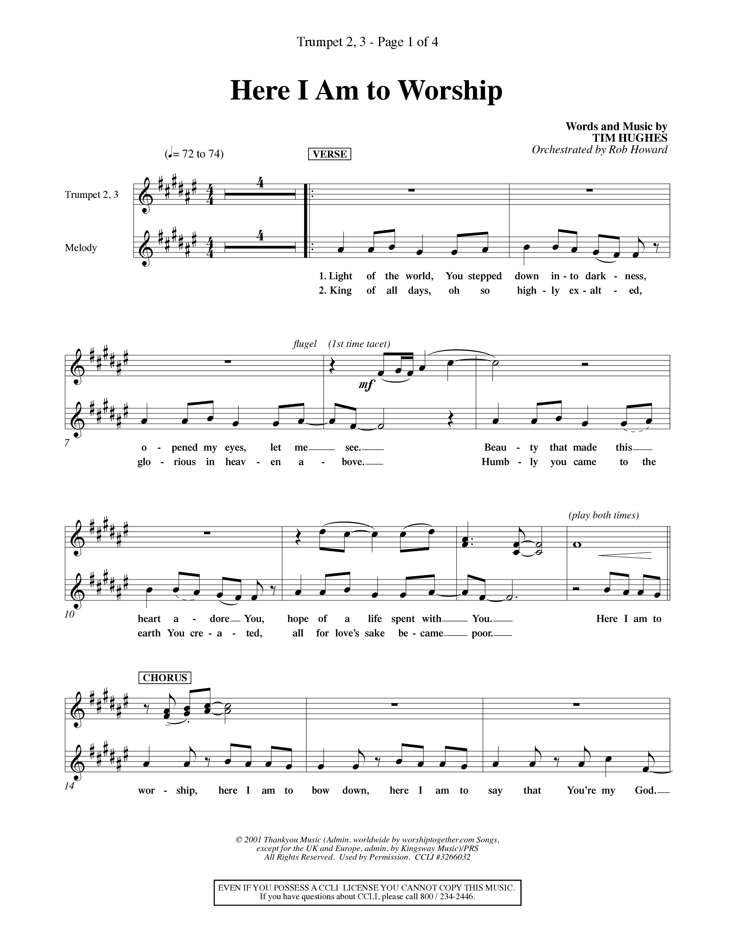 Here I Am To Worship (Choral Anthem SATB) Trumpet 2/3 (Word Music Choral / Orch. Rob Howard)