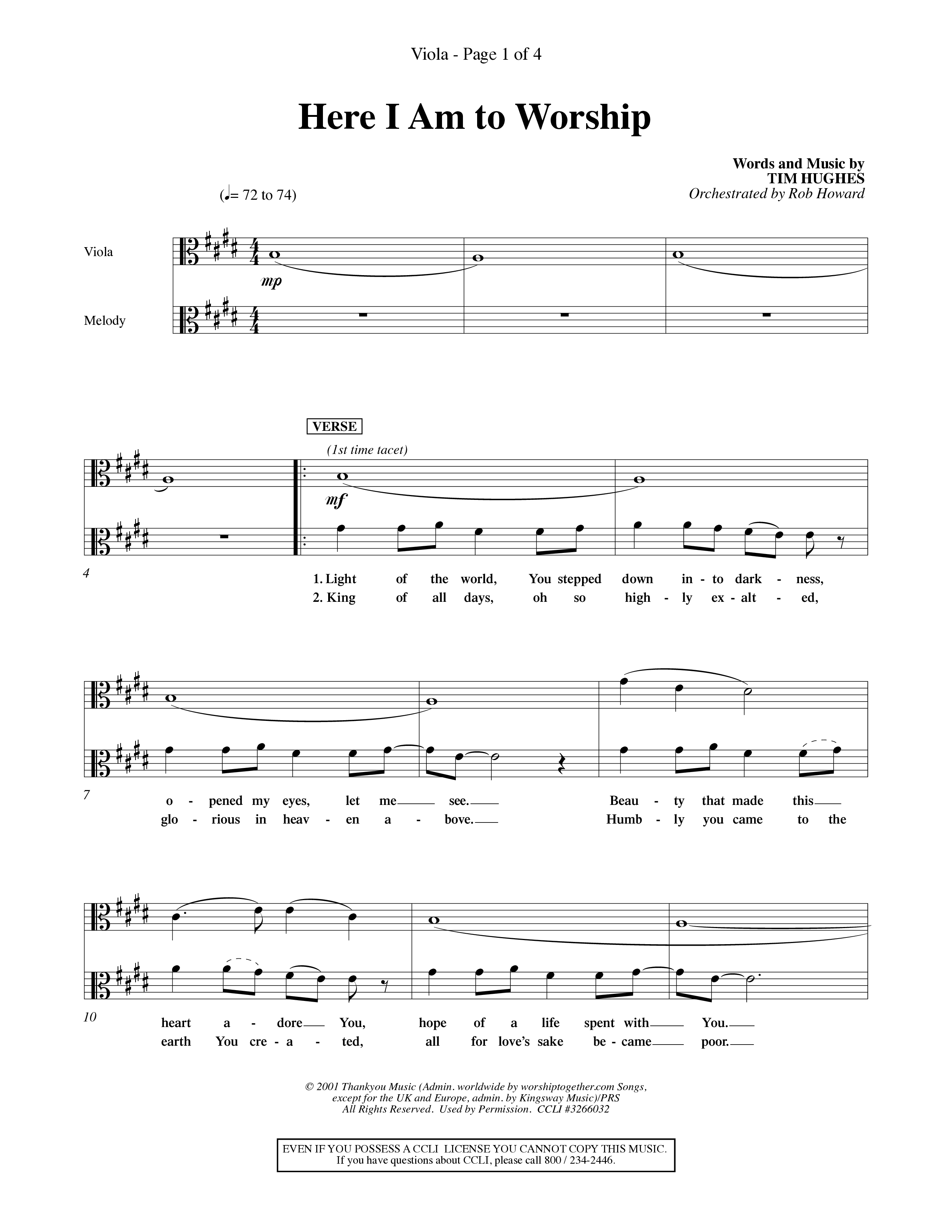 Here I Am To Worship (Choral Anthem SATB) Viola (Word Music Choral / Orch. Rob Howard)