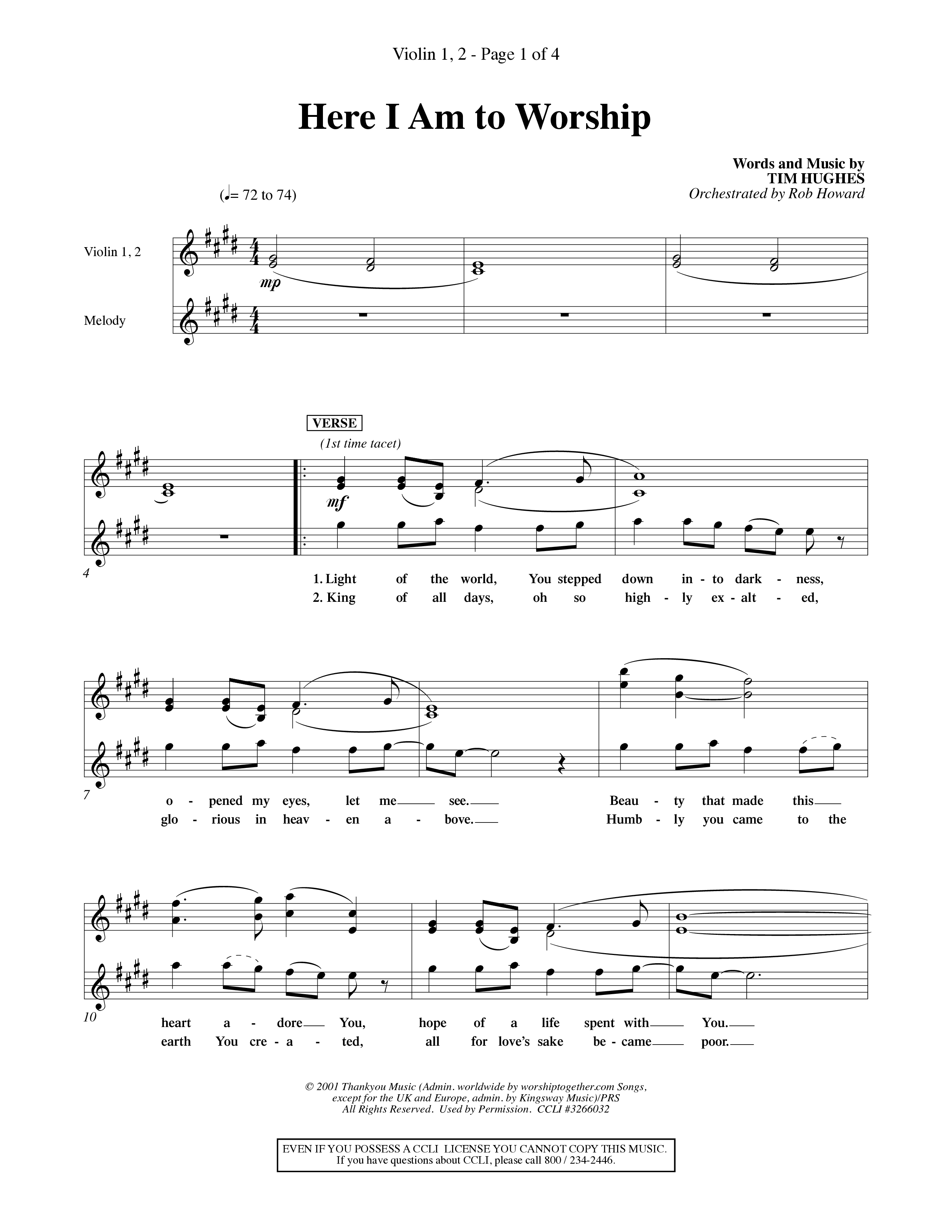 Here I Am To Worship (Choral Anthem SATB) Violin 1/2 (Word Music Choral / Orch. Rob Howard)