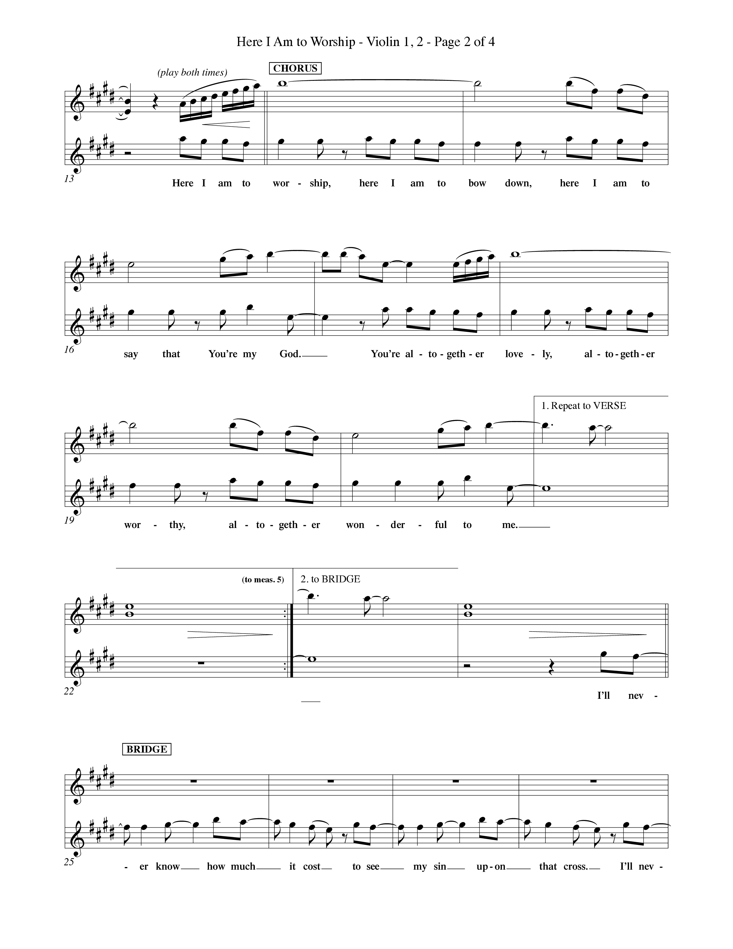 Here I Am To Worship (Choral Anthem SATB) Violin 1/2 (Word Music Choral / Orch. Rob Howard)