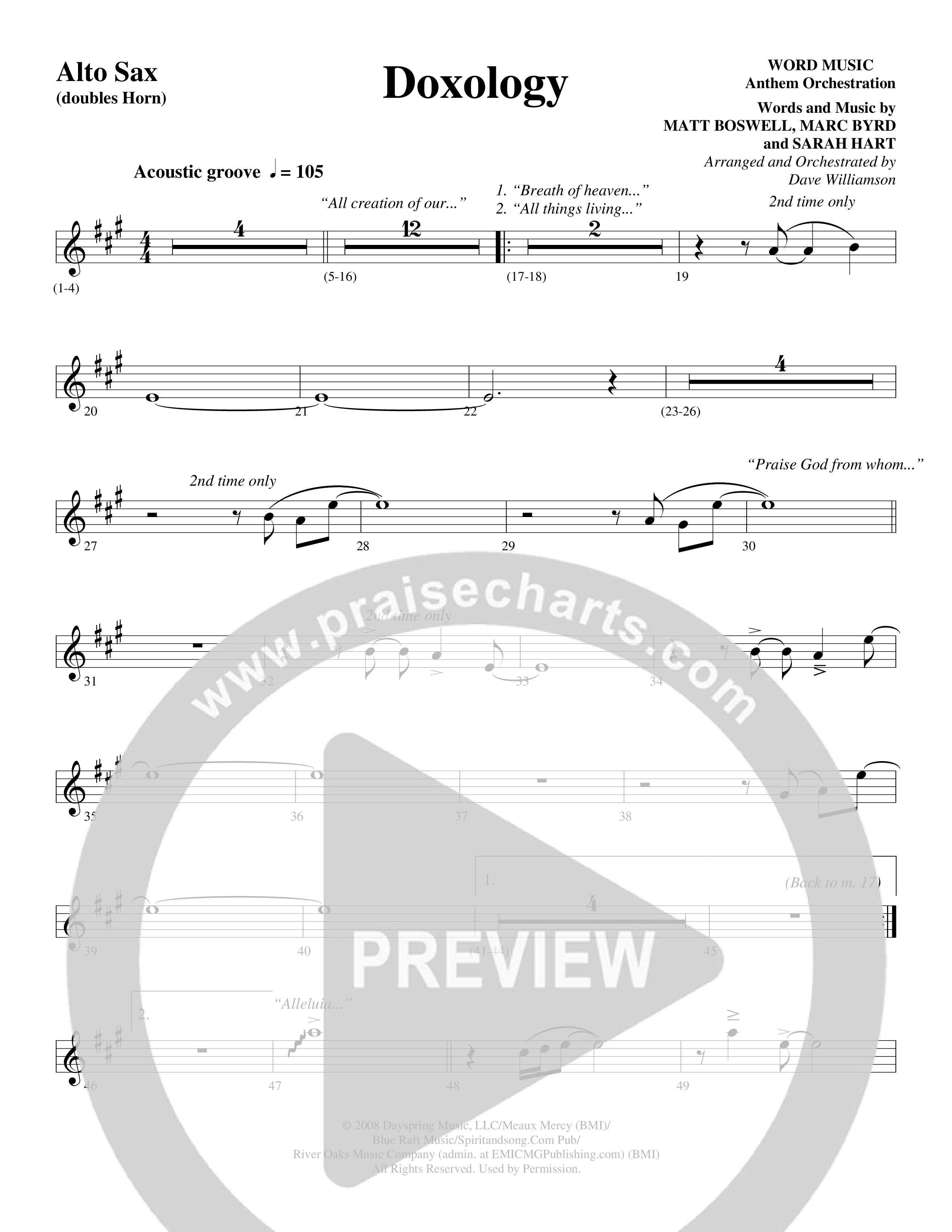 Doxology (Choral Anthem SATB) Alto Sax (Word Music Choral / Arr. Dave Williamson)