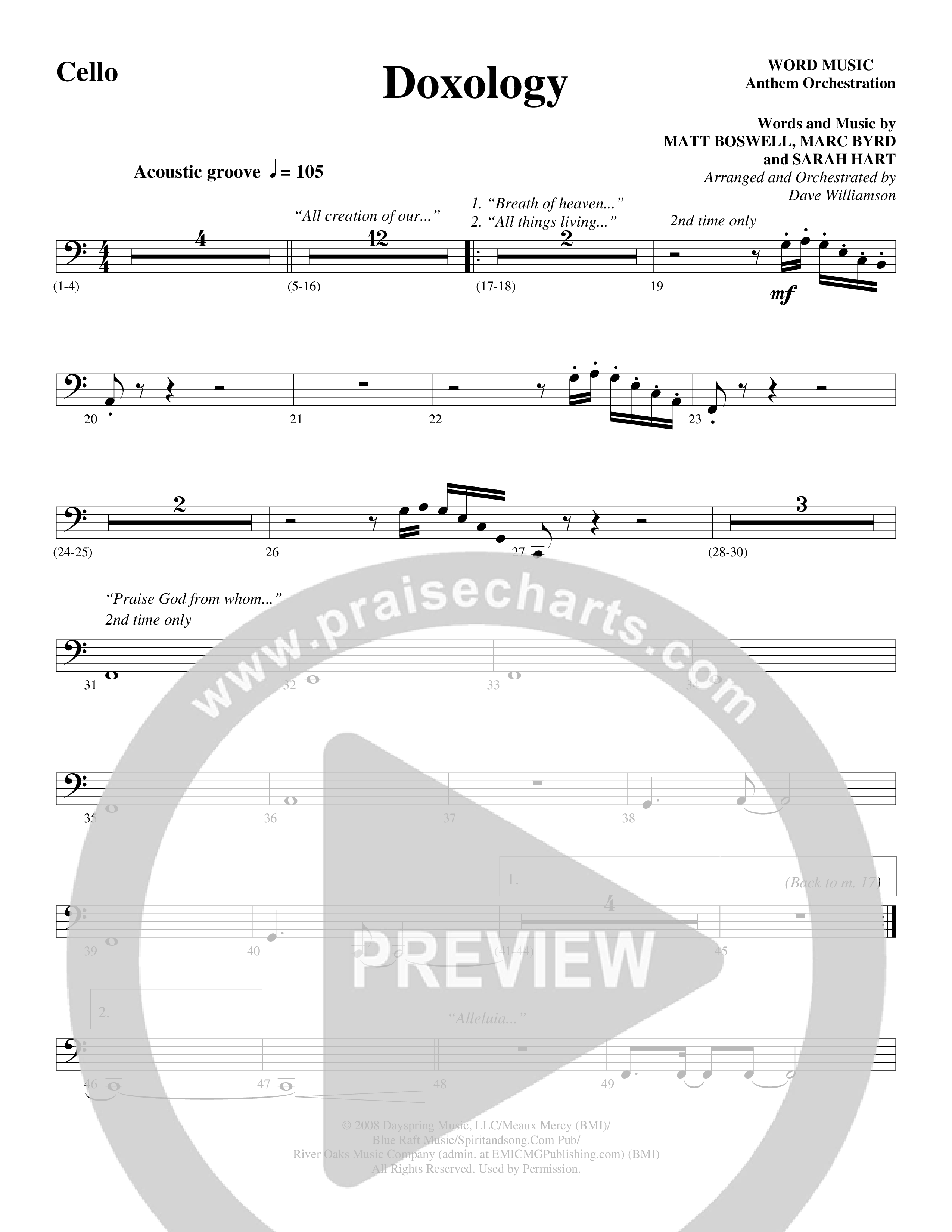 Doxology (Choral Anthem SATB) Cello (Word Music Choral / Arr. Dave Williamson)