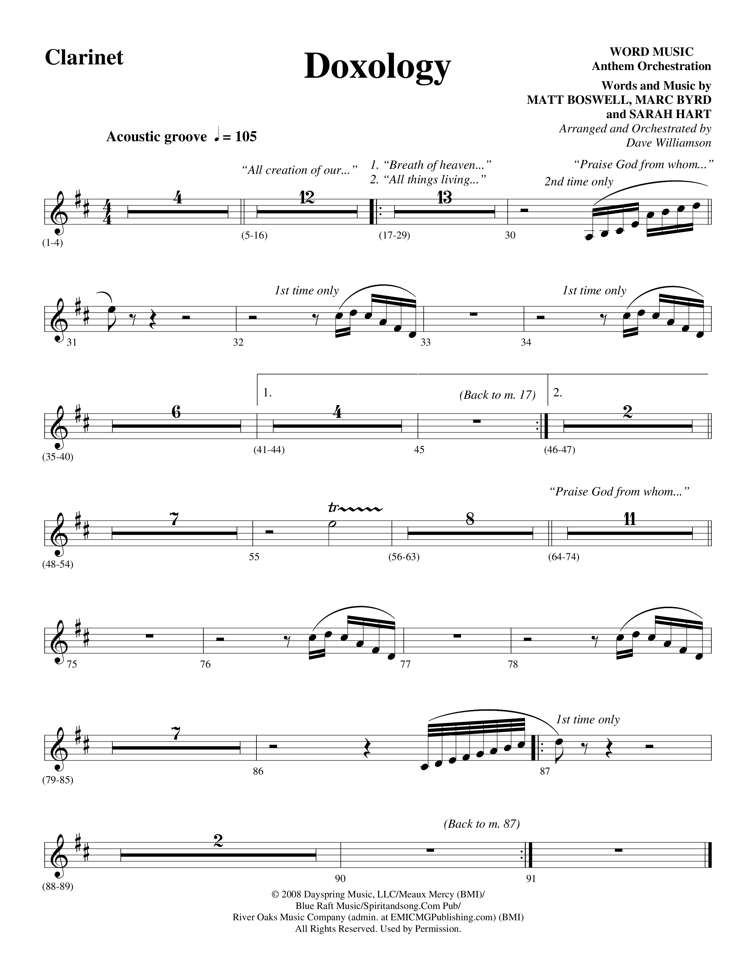 Doxology (Choral Anthem SATB) Clarinet (Word Music Choral / Arr. Dave Williamson)
