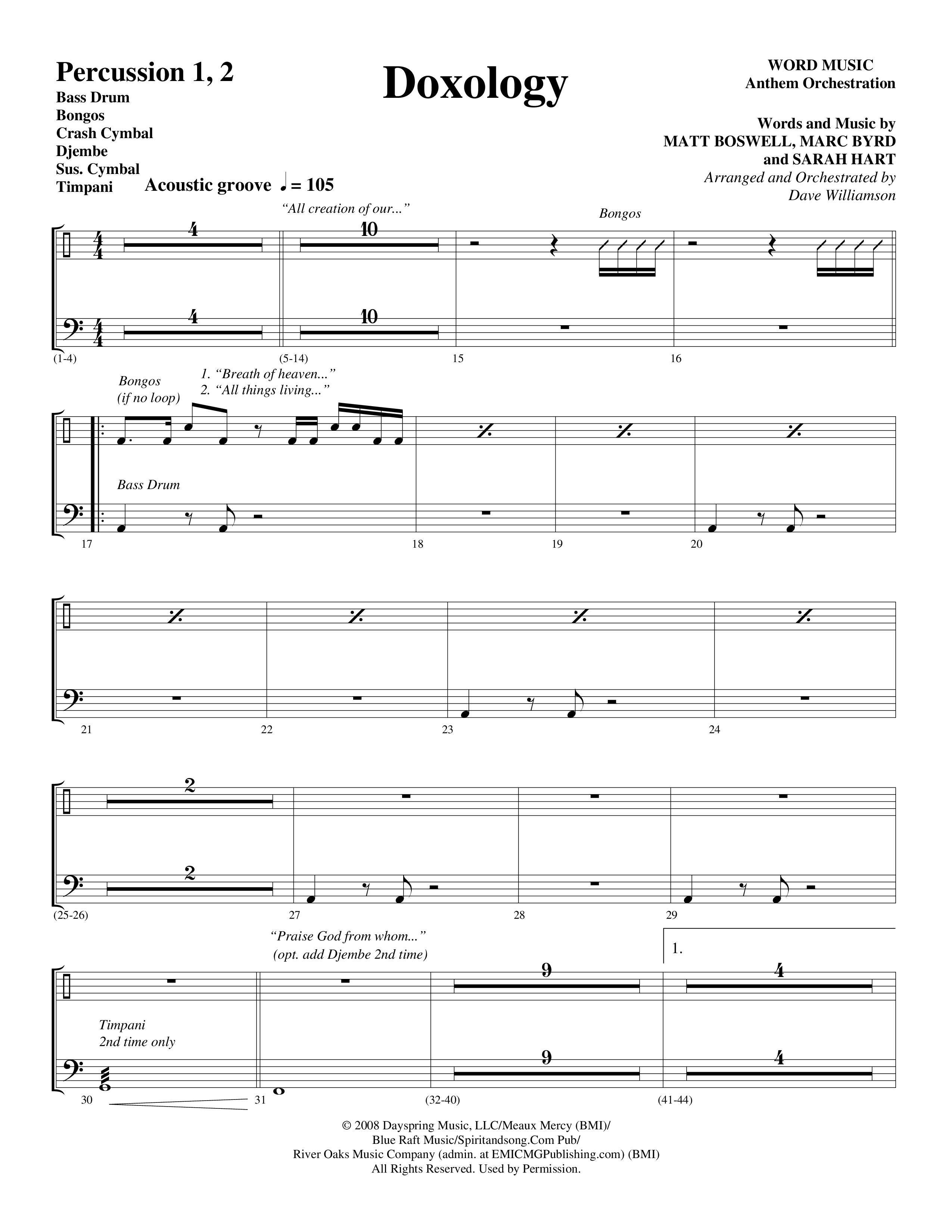 Doxology (Choral Anthem SATB) Percussion (Word Music Choral / Arr. Dave Williamson)