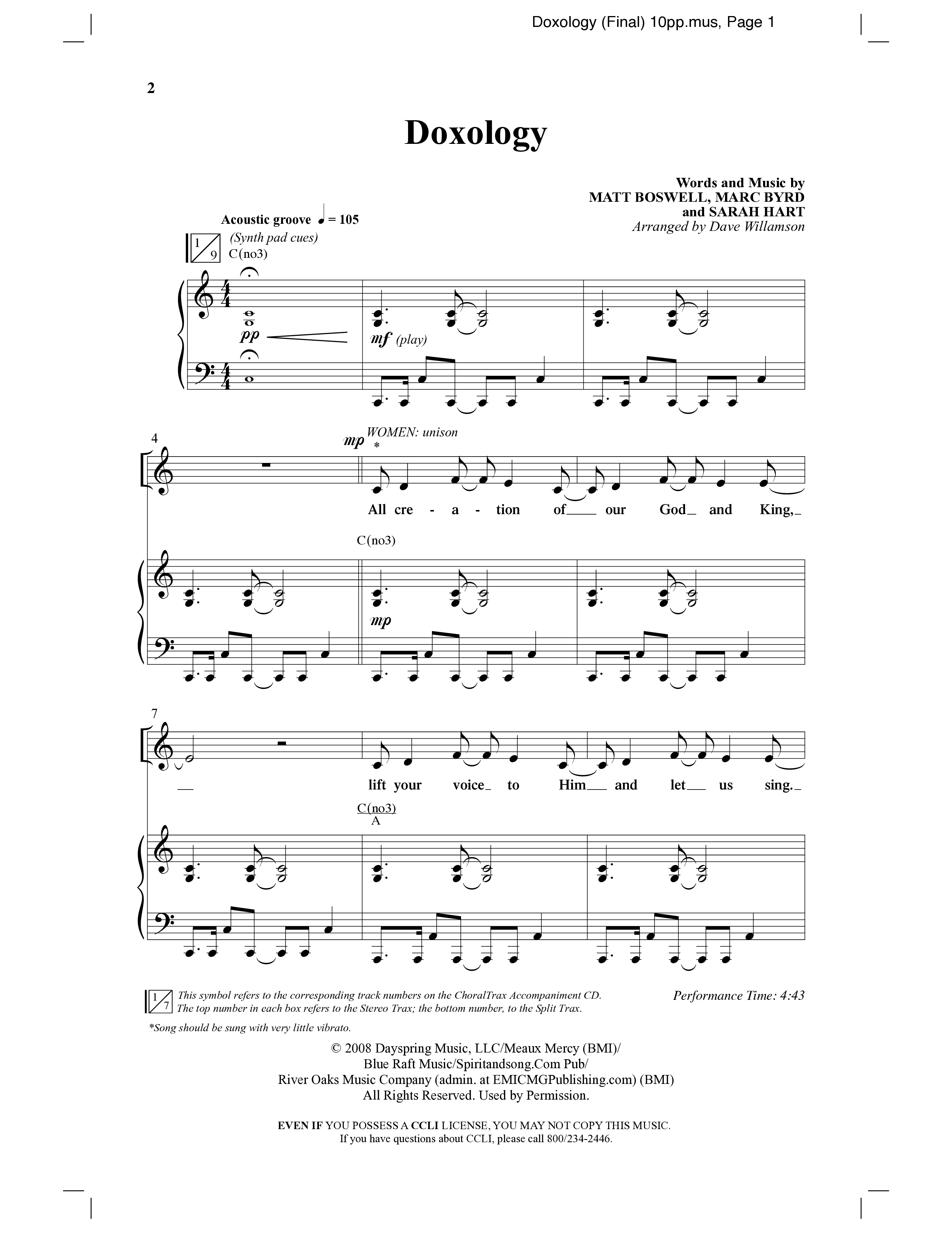 Doxology (Choral Anthem SATB) Anthem (SATB/Piano) (Word Music Choral / Arr. Dave Williamson)
