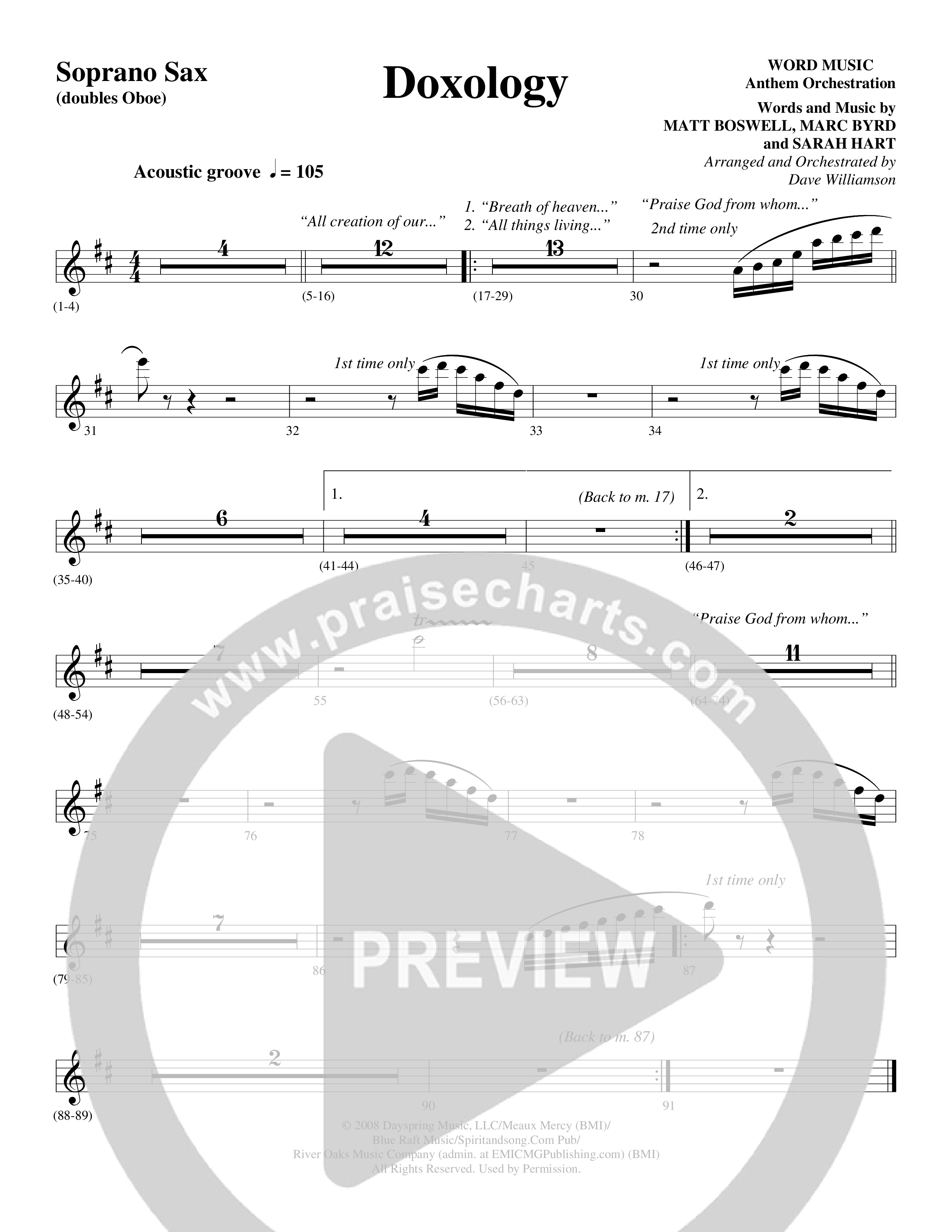 Doxology (Choral Anthem SATB) Soprano Sax (Word Music Choral / Arr. Dave Williamson)