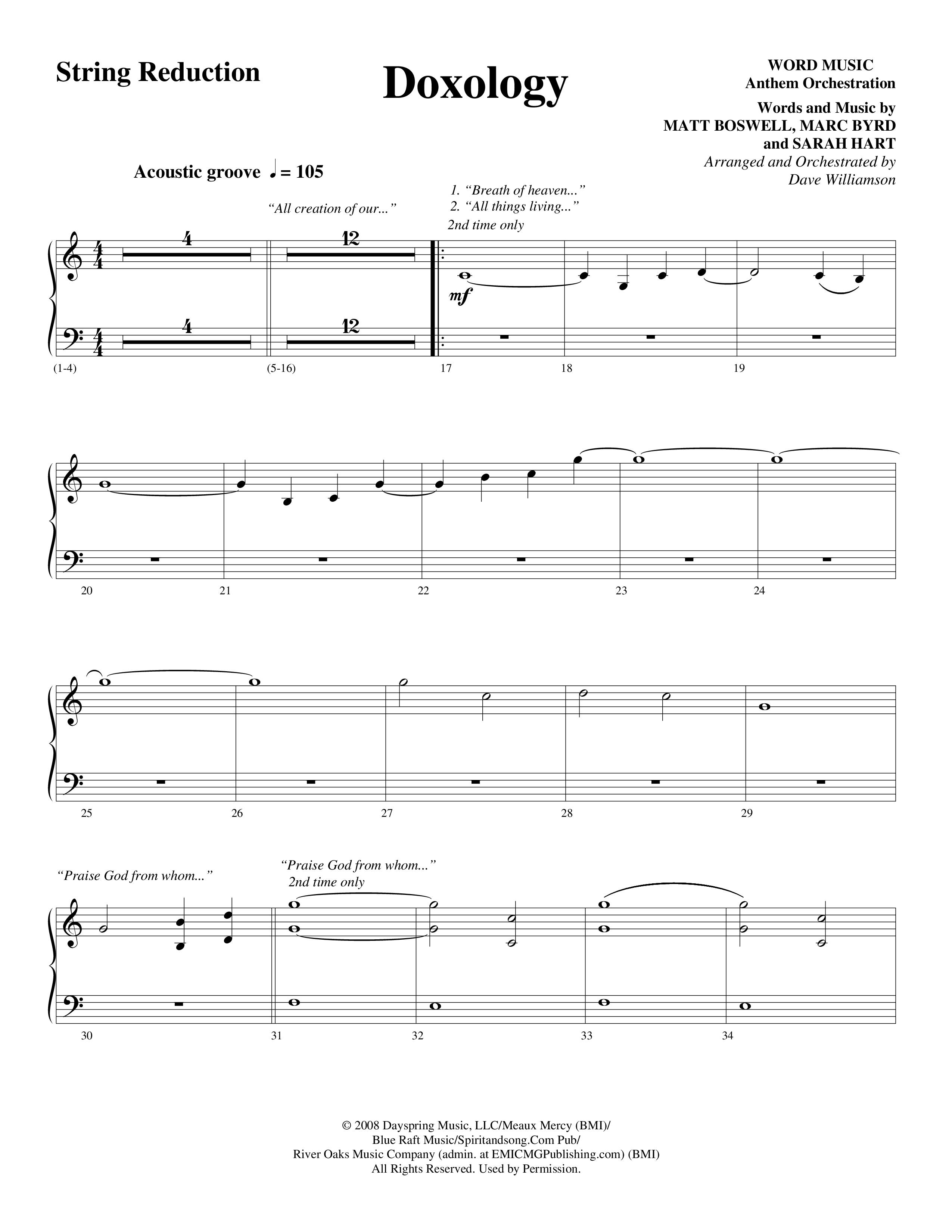 Doxology (Choral Anthem SATB) String Reduction (Word Music Choral / Arr. Dave Williamson)