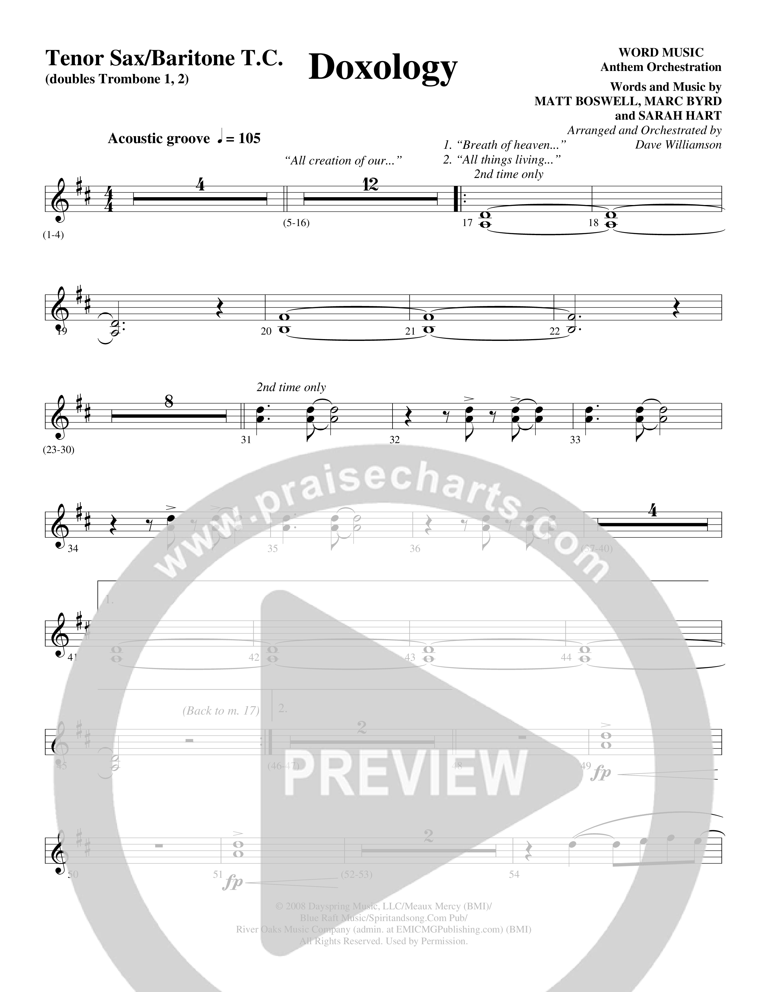 Doxology (Choral Anthem SATB) Tenor Sax/Baritone T.C. (Word Music Choral / Arr. Dave Williamson)