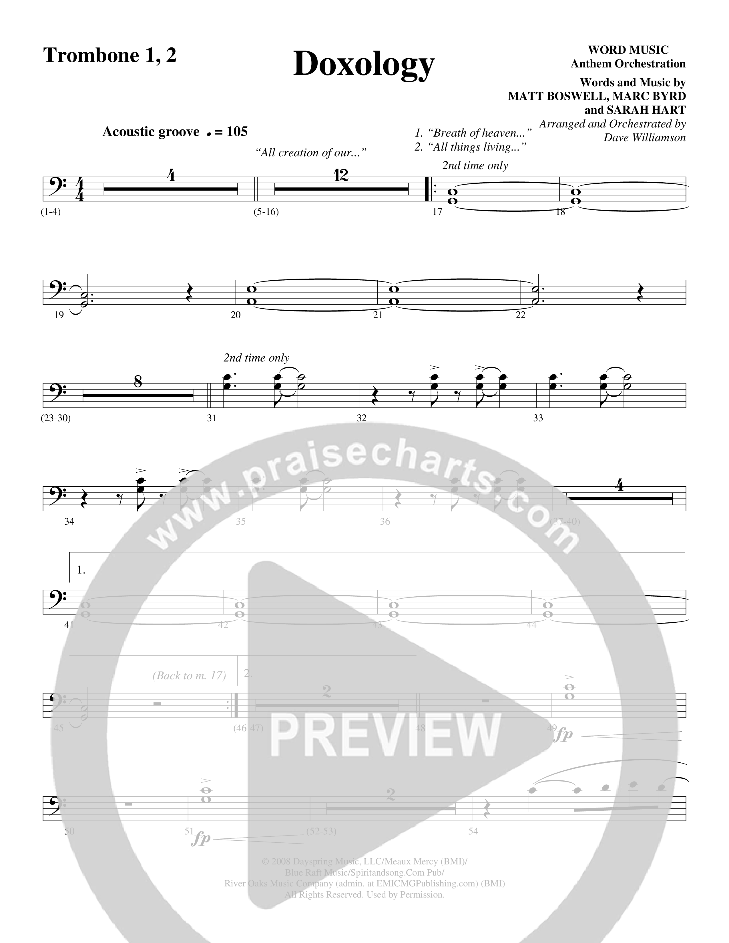 Doxology (Choral Anthem SATB) Trombone 1/2 (Word Music Choral / Arr. Dave Williamson)