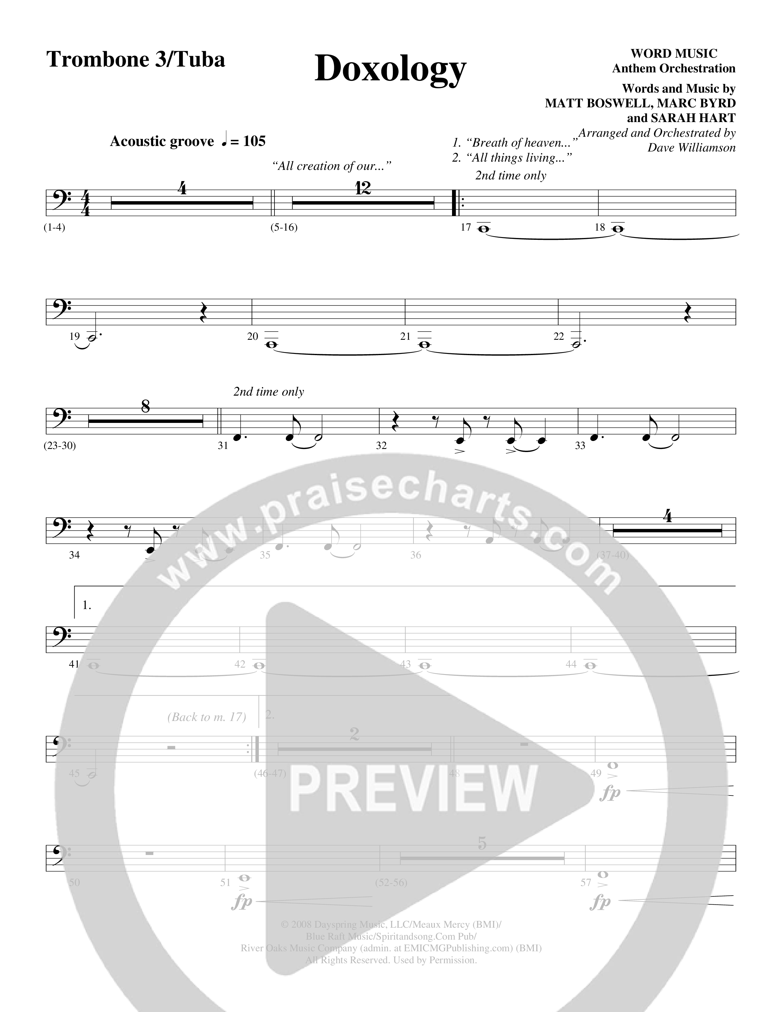 Doxology (Choral Anthem SATB) Trombone 3/Tuba (Word Music Choral / Arr. Dave Williamson)