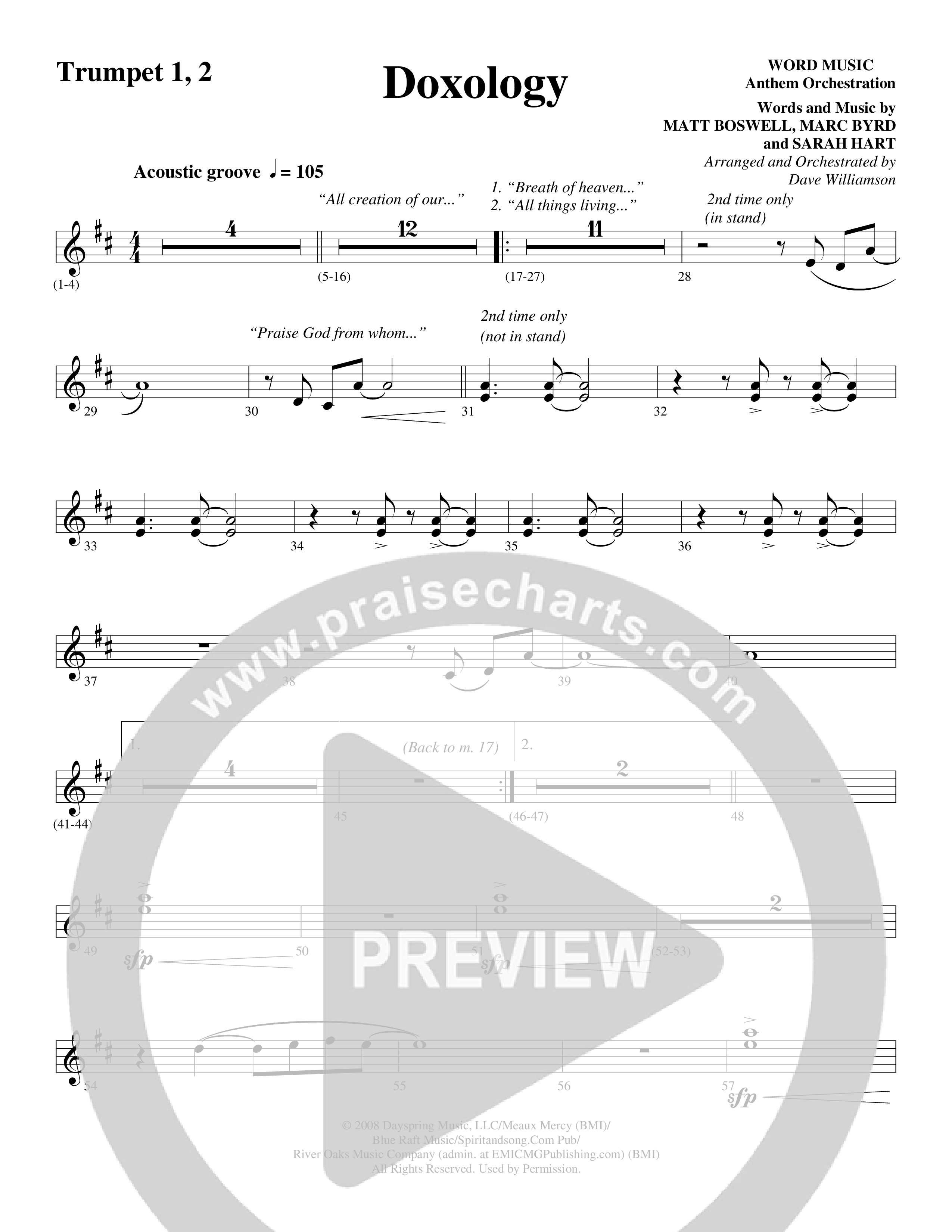 Doxology (Choral Anthem SATB) Trumpet 1,2 (Word Music Choral / Arr. Dave Williamson)