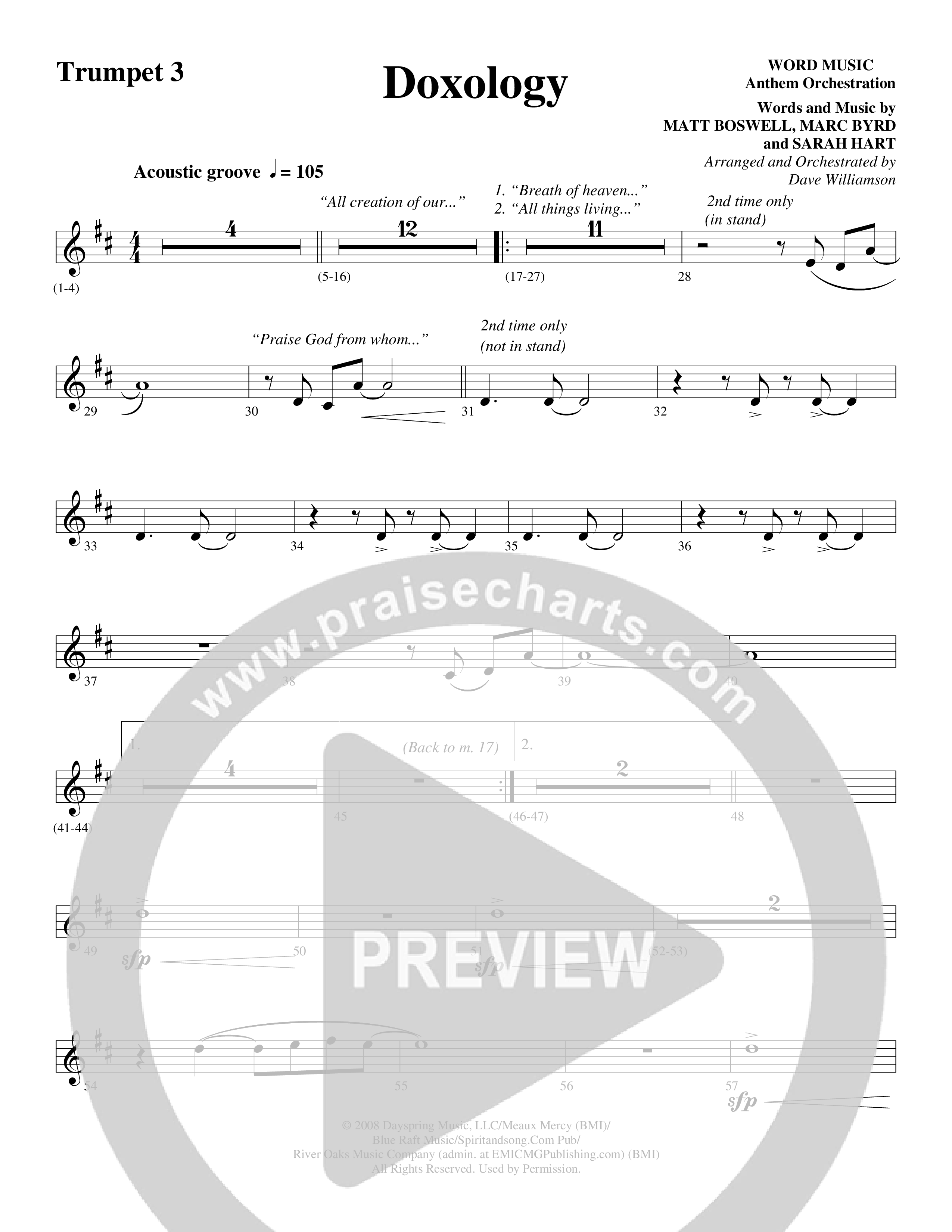 Doxology (Choral Anthem SATB) Trumpet 3 (Word Music Choral / Arr. Dave Williamson)