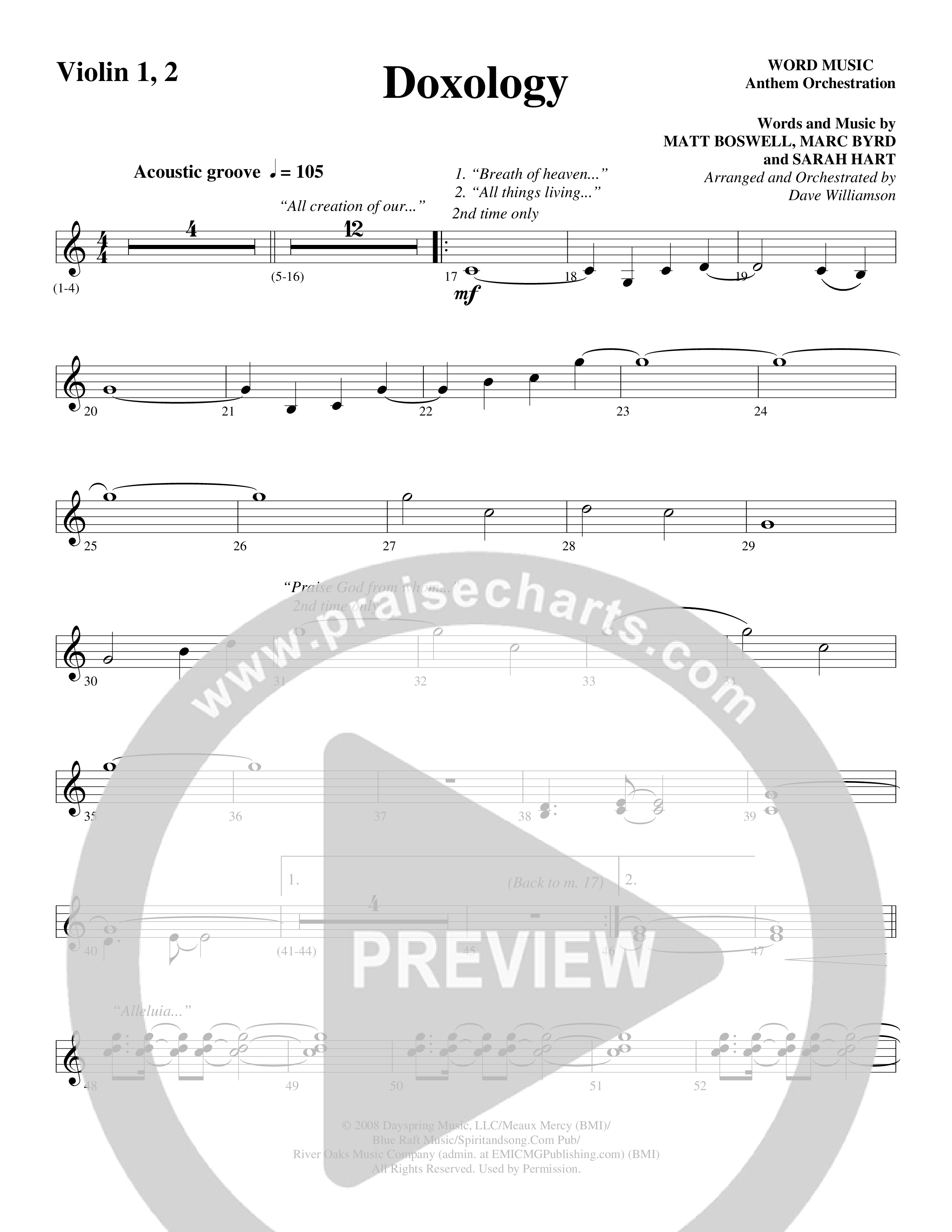 Doxology (Choral Anthem SATB) Violin 1/2 (Word Music Choral / Arr. Dave Williamson)