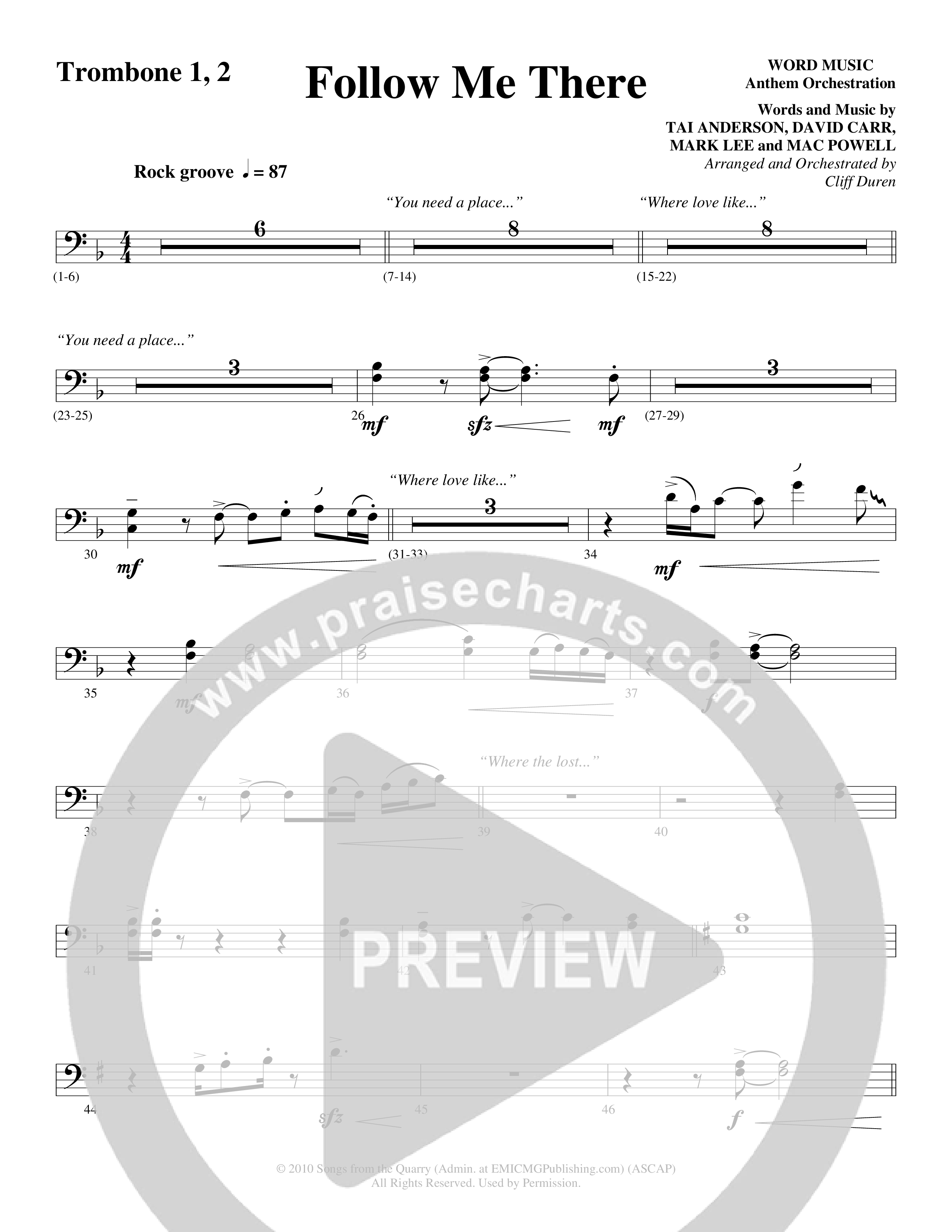 Follow Me There (Choral Anthem SATB) Trombone 1/2 (Word Music Choral / Arr. Cliff Duren)
