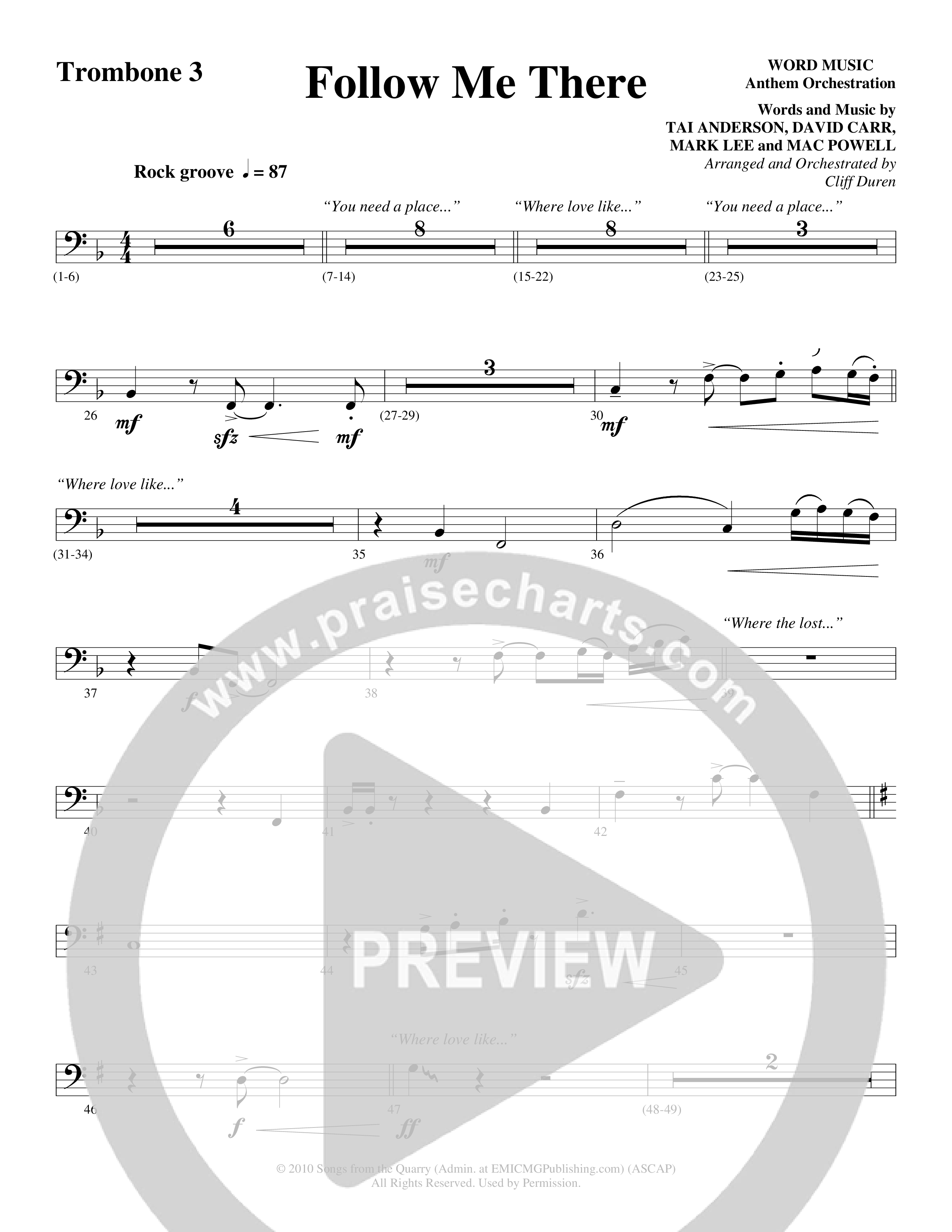 Follow Me There (Choral Anthem SATB) Trombone 3 (Word Music Choral / Arr. Cliff Duren)