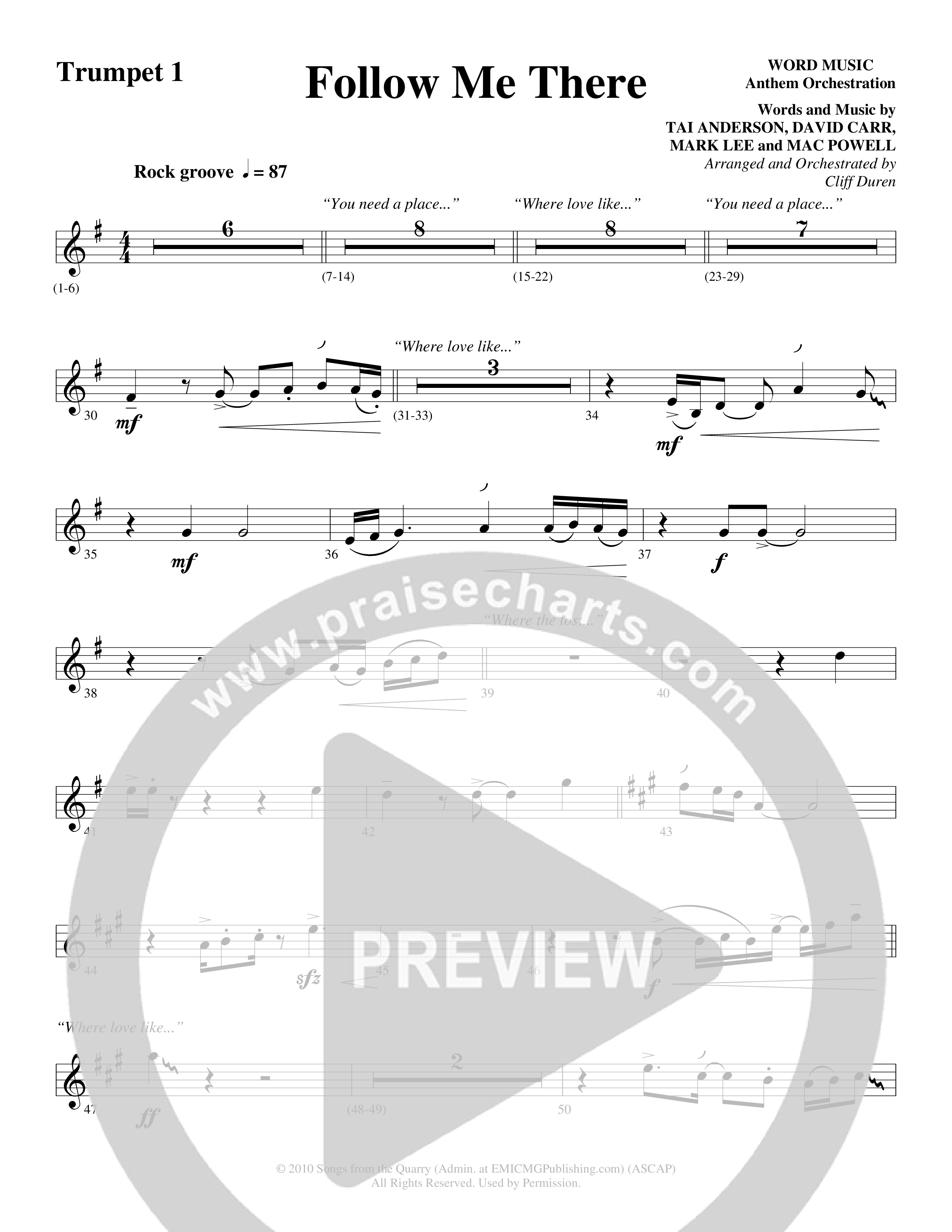Follow Me There (Choral Anthem SATB) Trumpet 1 (Word Music Choral / Arr. Cliff Duren)