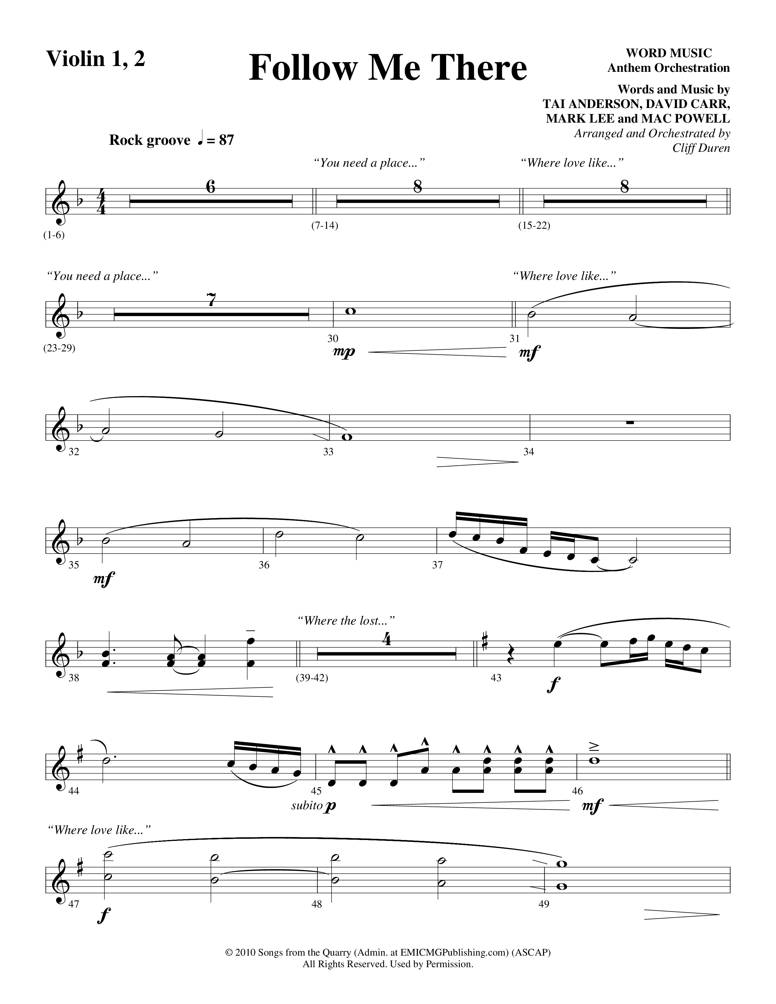 Follow Me There (Choral Anthem SATB) Violin 1/2 (Word Music Choral / Arr. Cliff Duren)