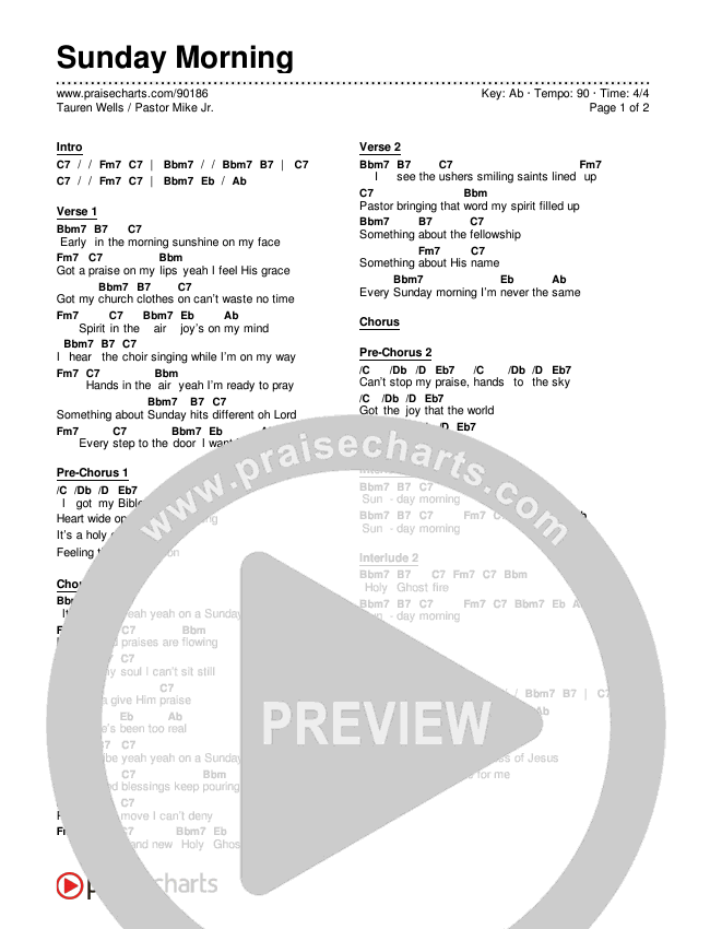 Sunday Morning Chords & Lyrics (Tauren Wells / Pastor Mike Jr.)