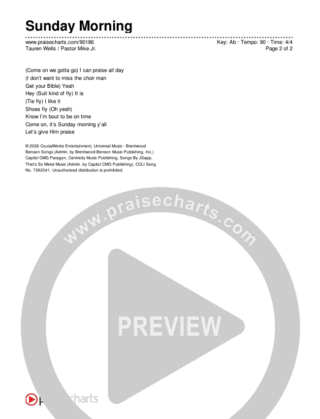 Sunday Morning Chords & Lyrics (Tauren Wells / Pastor Mike Jr.)