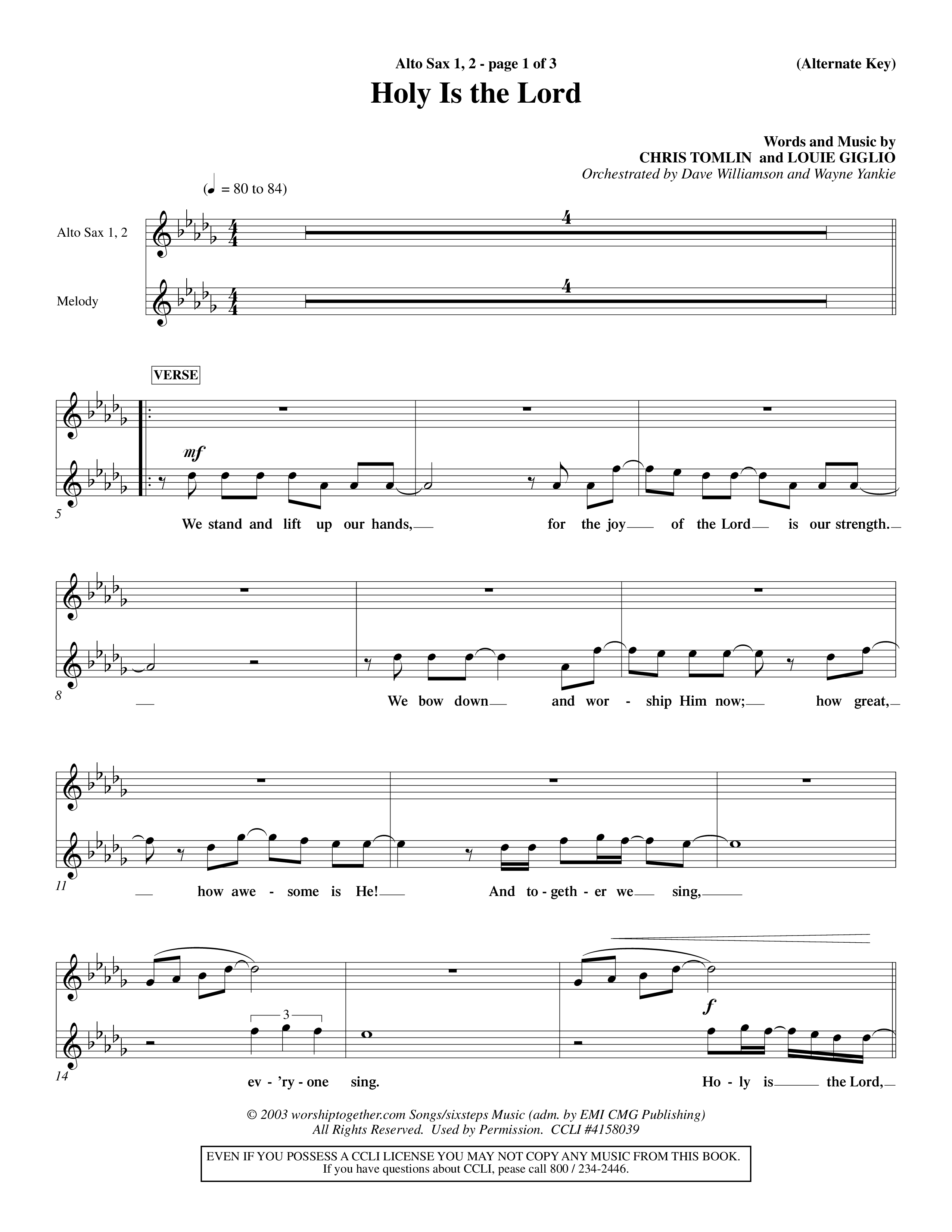 Holy Is The Lord (Choral Anthem SATB) Alto Sax 1/2 (Word Music Choral / Orch. Dave Williamson / Orch. Wayne Yankie)