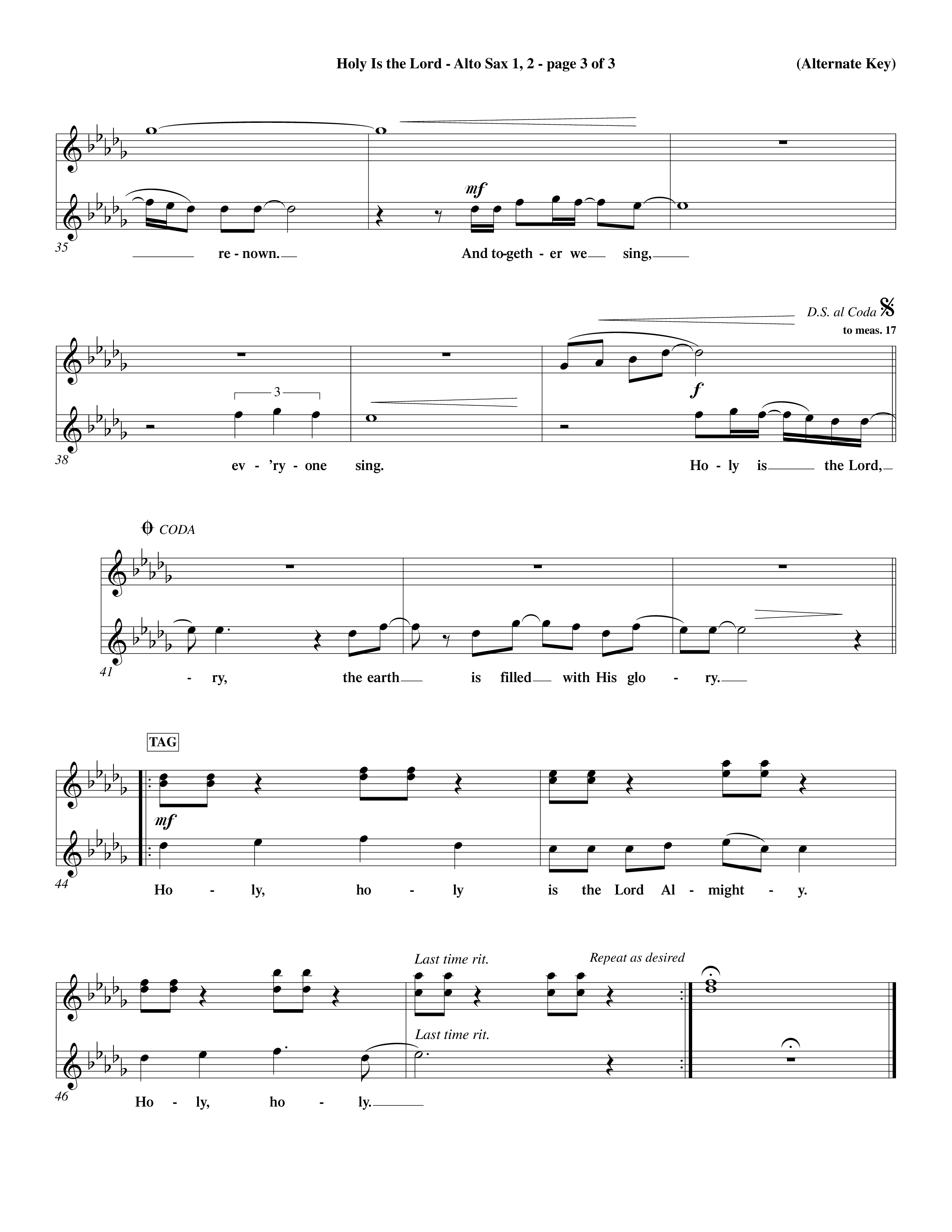 Holy Is The Lord (Choral Anthem SATB) Alto Sax 1/2 (Word Music Choral / Orch. Dave Williamson / Orch. Wayne Yankie)