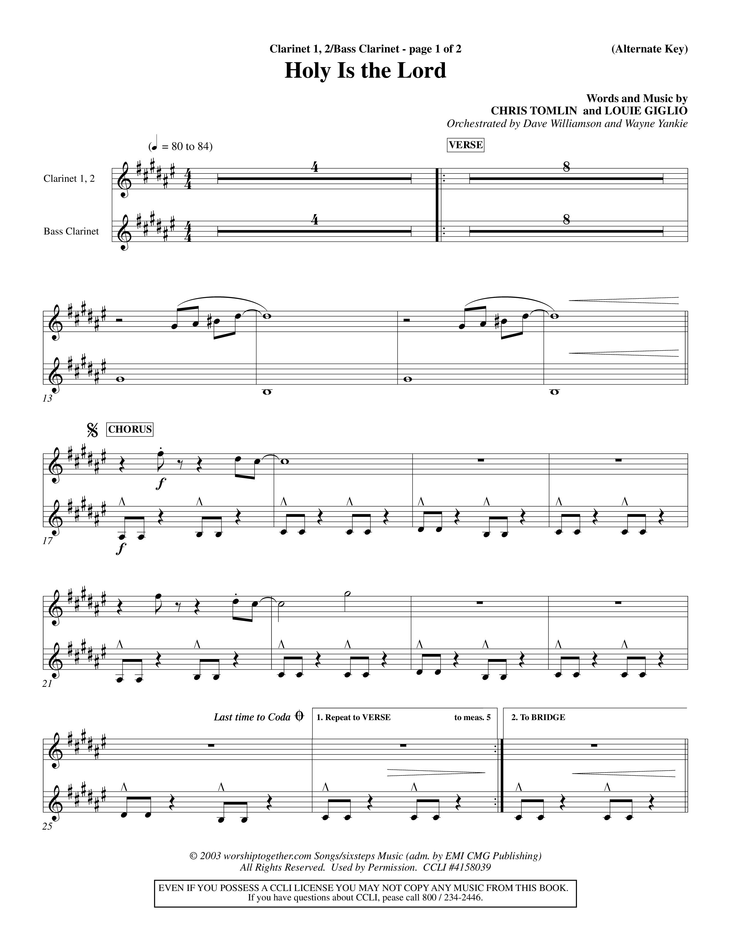 Holy Is The Lord (Choral Anthem SATB) Clarinet 1/2, Bass Clarinet (Word Music Choral / Orch. Dave Williamson / Orch. Wayne Yankie)