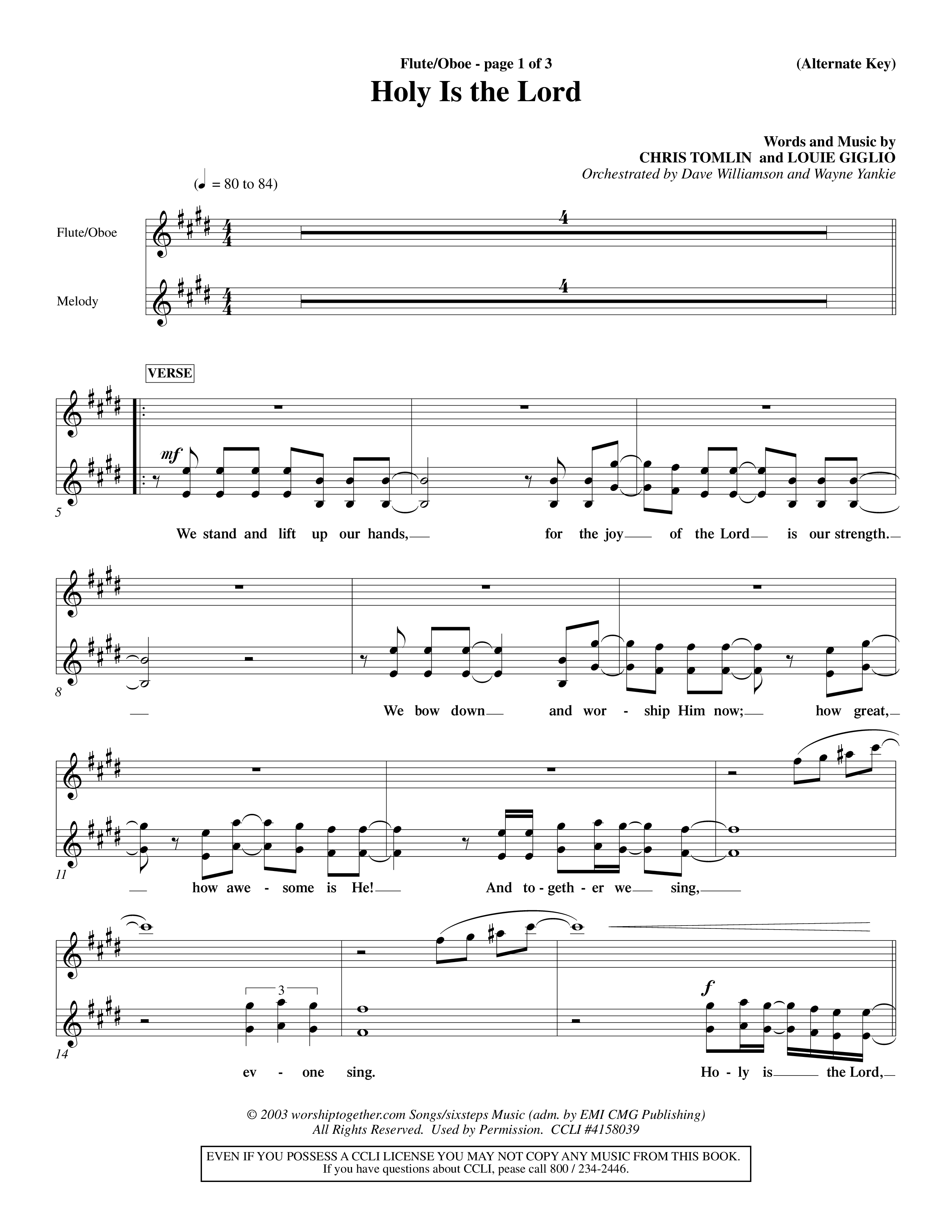 Holy Is The Lord (Choral Anthem SATB) Flute/Oboe (Word Music Choral / Orch. Dave Williamson / Orch. Wayne Yankie)