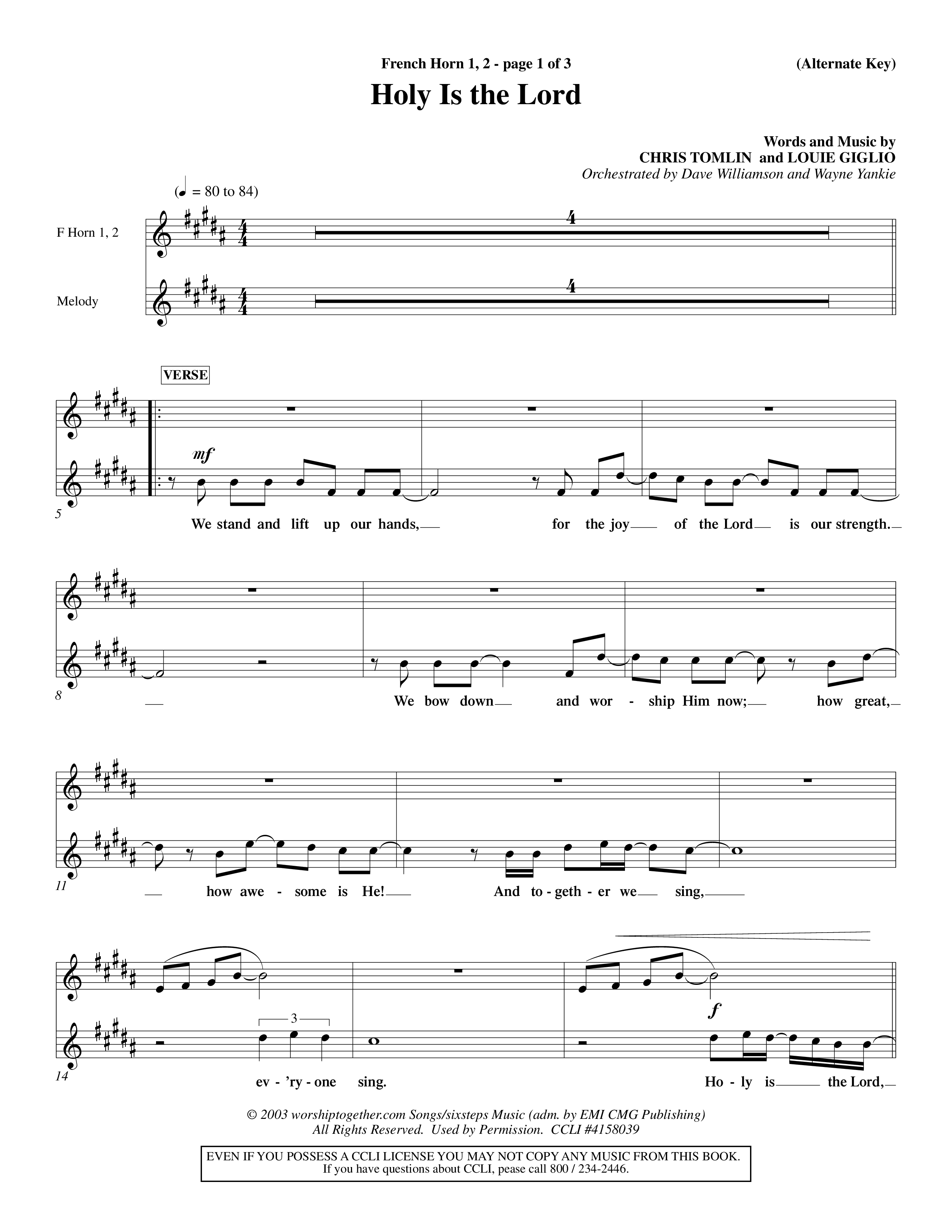 Holy Is The Lord (Choral Anthem SATB) French Horn (Word Music Choral / Orch. Dave Williamson / Orch. Wayne Yankie)