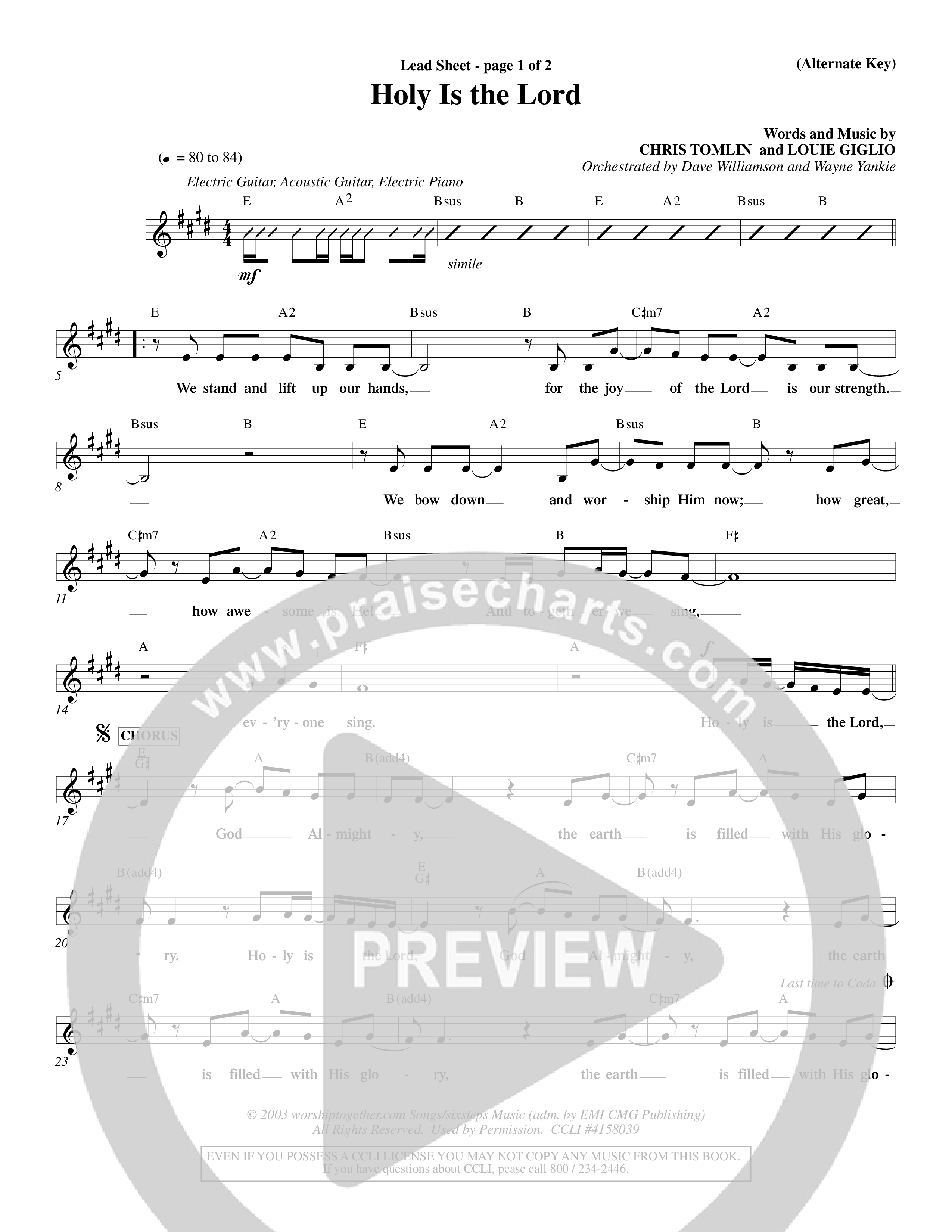 Holy Is The Lord (Choral Anthem SATB) Lead Sheet (Word Music Choral / Orch. Dave Williamson / Orch. Wayne Yankie)