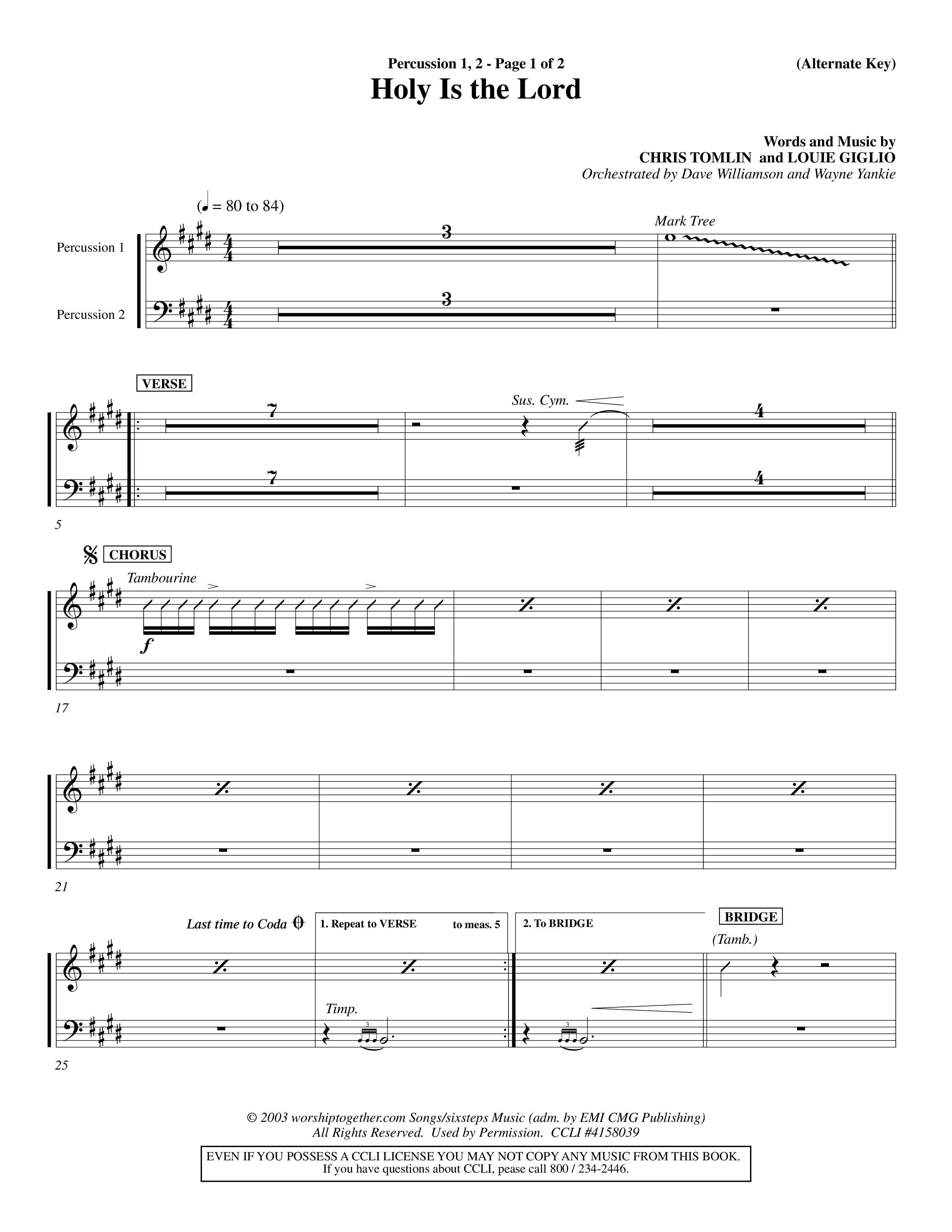 Holy Is The Lord (Choral Anthem SATB) Percussion 1/2 (Word Music Choral / Orch. Dave Williamson / Orch. Wayne Yankie)