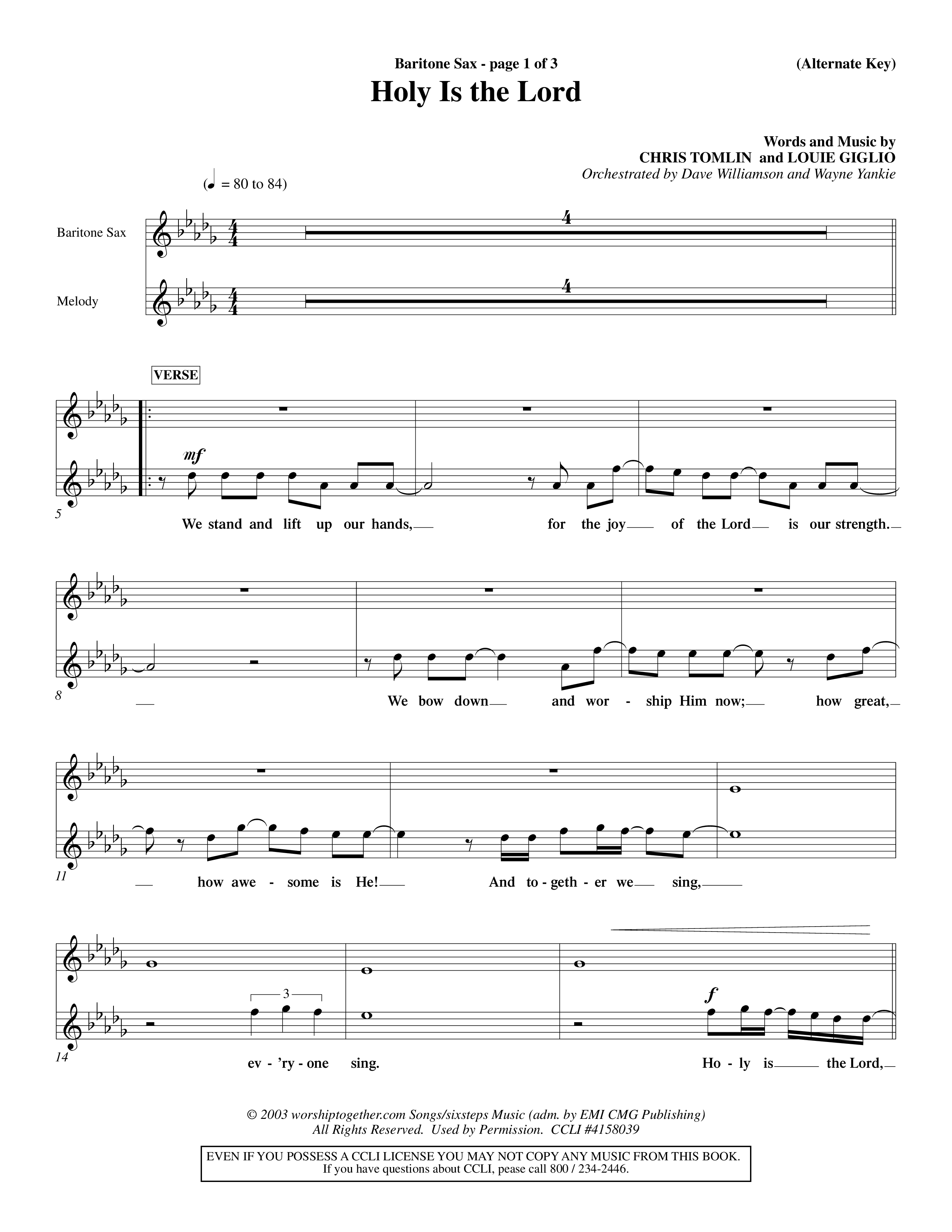 Holy Is The Lord (Choral Anthem SATB) Saxophone (Word Music Choral / Orch. Dave Williamson / Orch. Wayne Yankie)