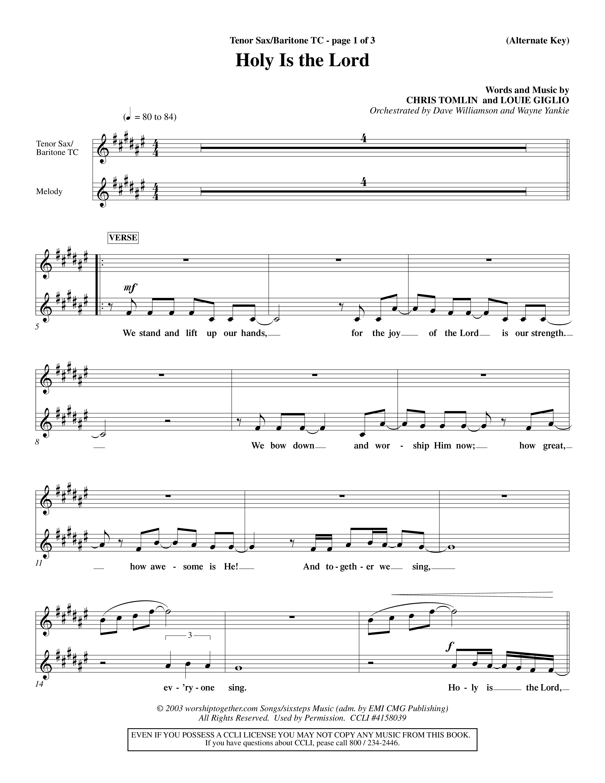 Holy Is The Lord (Choral Anthem SATB) Tenor Sax/Baritone T.C. (Word Music Choral / Orch. Dave Williamson / Orch. Wayne Yankie)