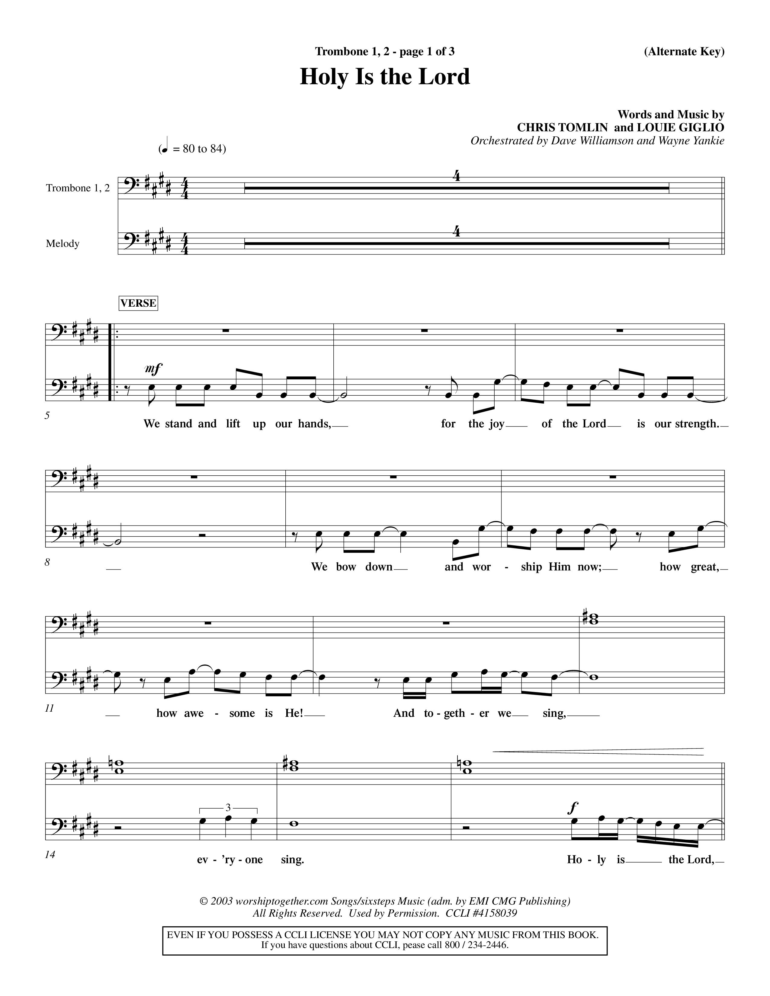 Holy Is The Lord (Choral Anthem SATB) Trombone 1/2 (Word Music Choral / Orch. Dave Williamson / Orch. Wayne Yankie)