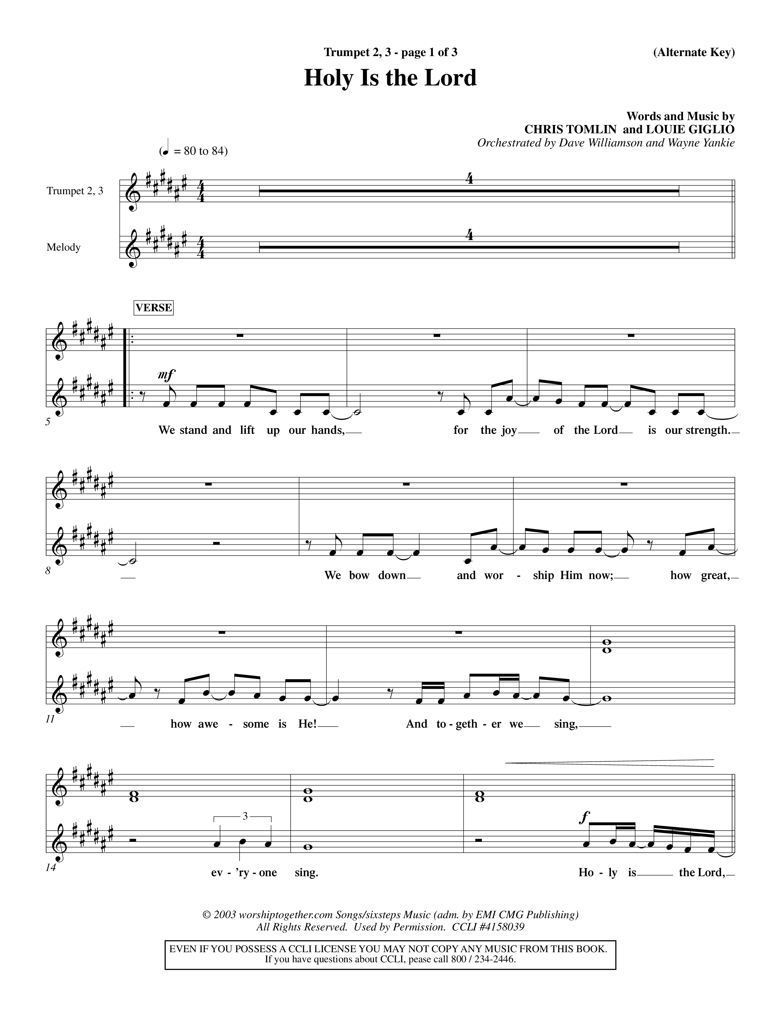 Holy Is The Lord (Choral Anthem SATB) Trumpet 2/3 (Word Music Choral / Orch. Dave Williamson / Orch. Wayne Yankie)