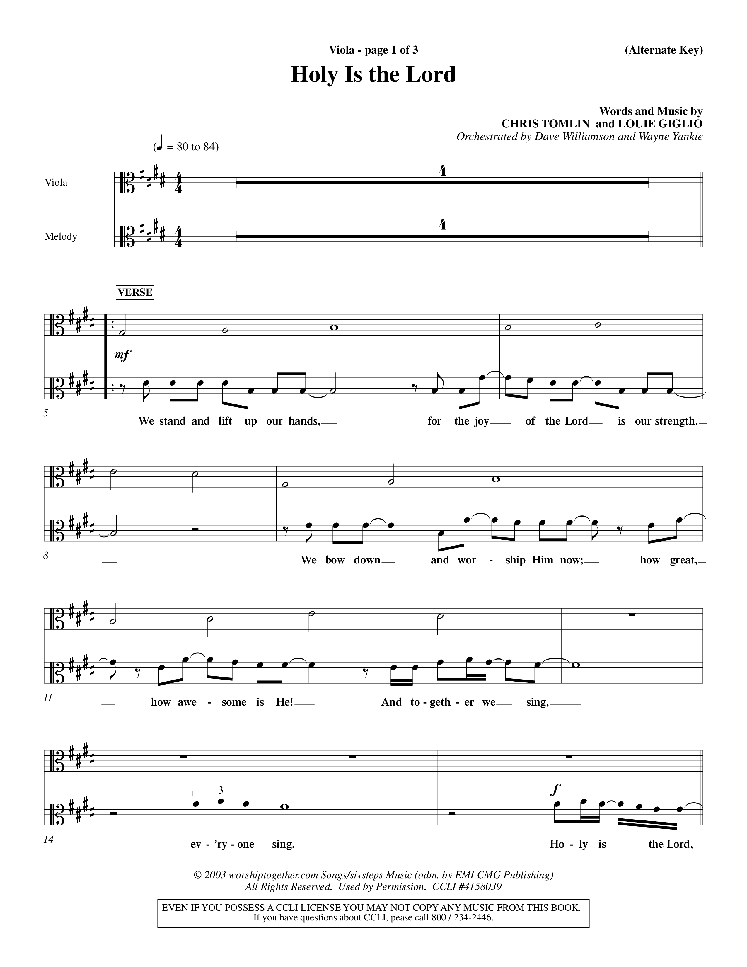 Holy Is The Lord (Choral Anthem SATB) Viola (Word Music Choral / Orch. Dave Williamson / Orch. Wayne Yankie)