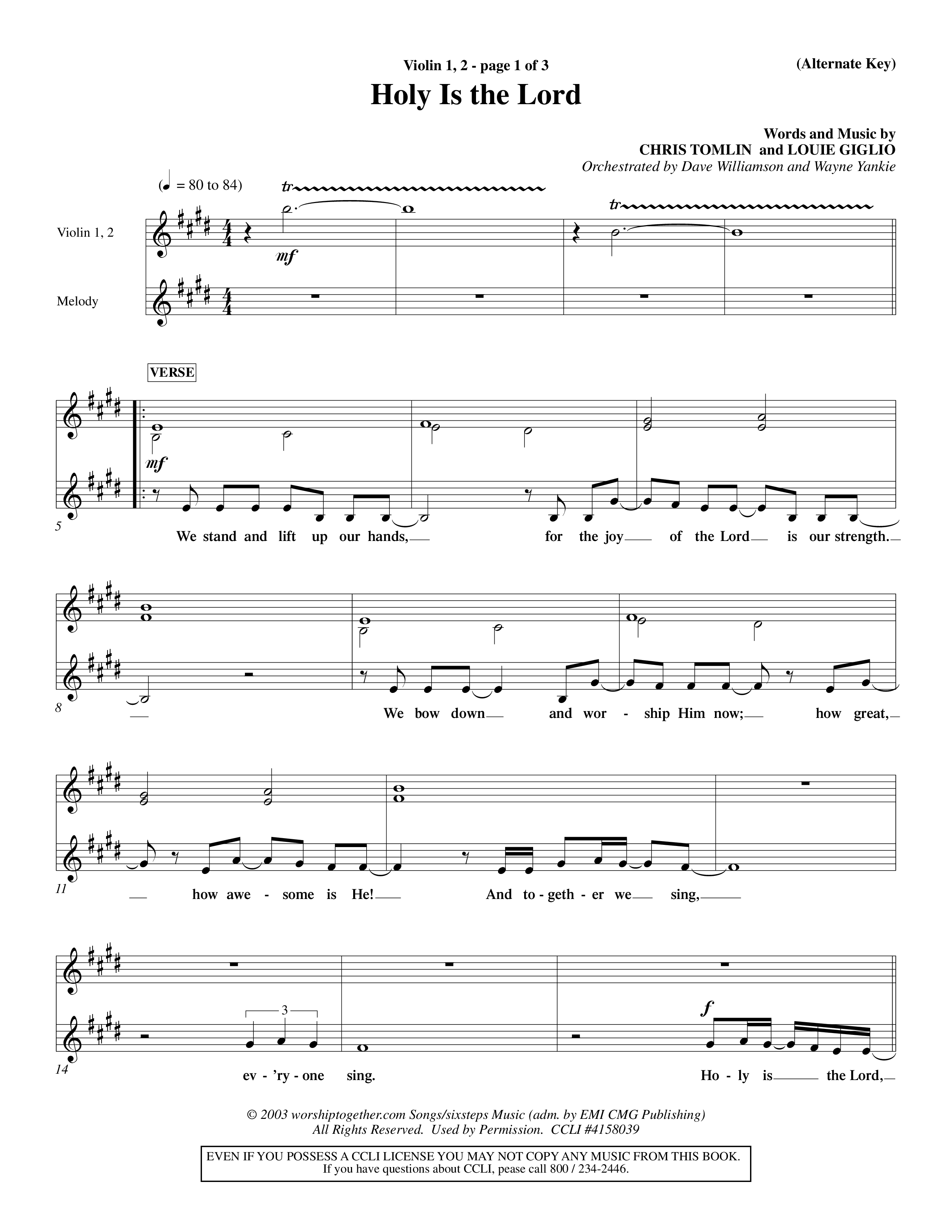Holy Is The Lord (Choral Anthem SATB) Violin 1/2 (Word Music Choral / Orch. Dave Williamson / Orch. Wayne Yankie)