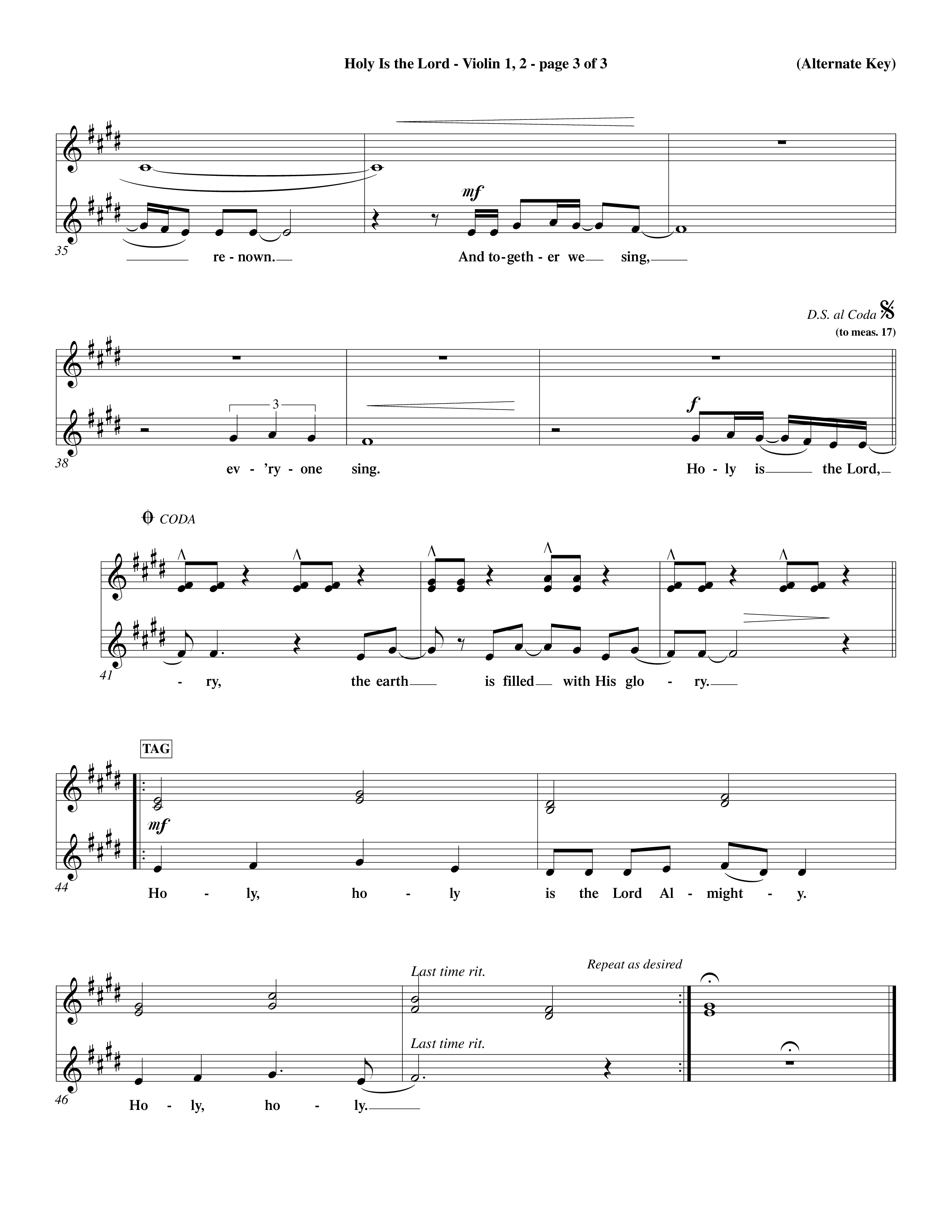 Holy Is The Lord (Choral Anthem SATB) Violin 1/2 (Word Music Choral / Orch. Dave Williamson / Orch. Wayne Yankie)