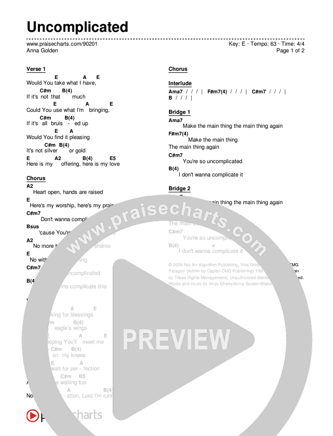 Uncomplicated Chords & Lyrics (Anna Golden)