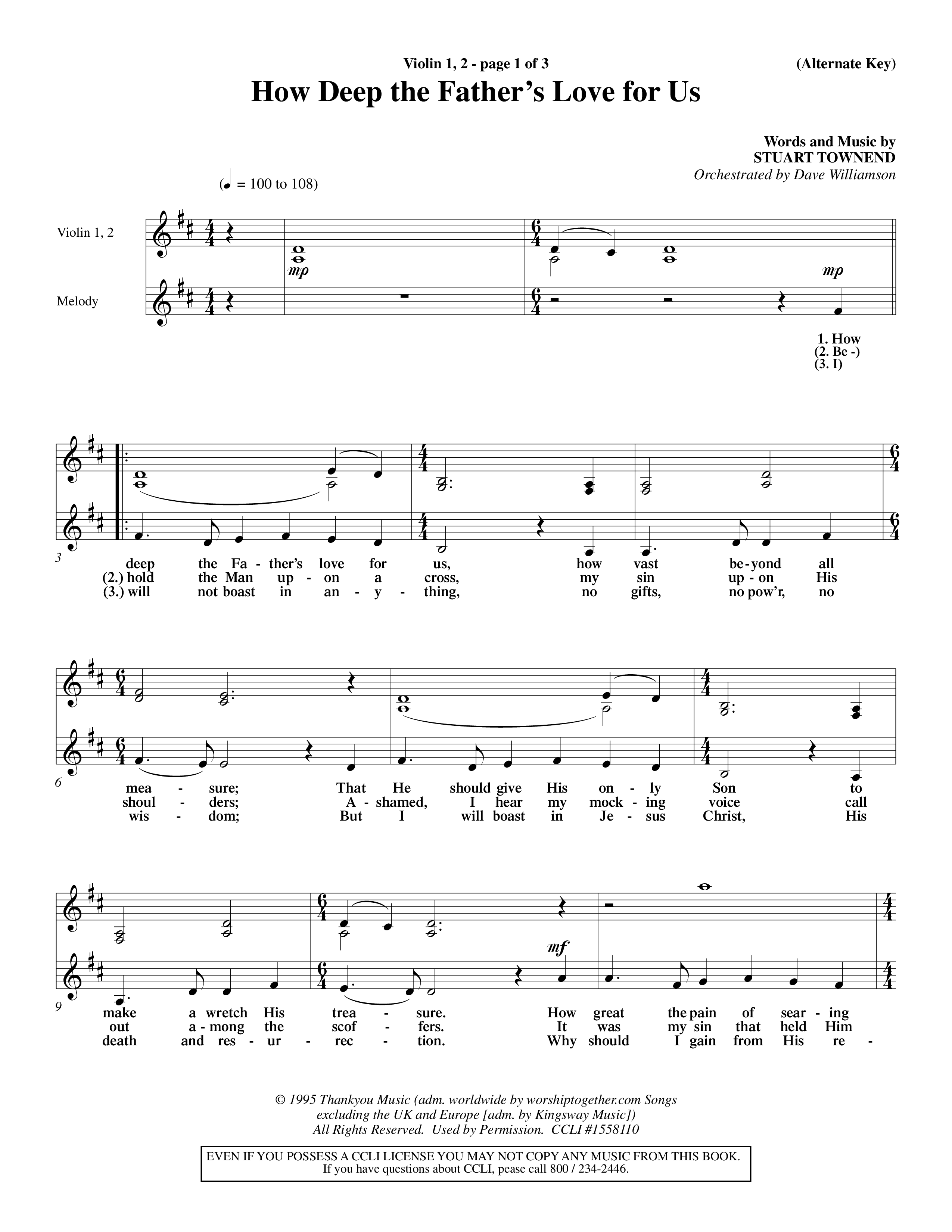 How Deep The Father's Love For Us (Choral Anthem SATB) Violin 1/2 (Word Music Choral / Orch. Dave Williamson)