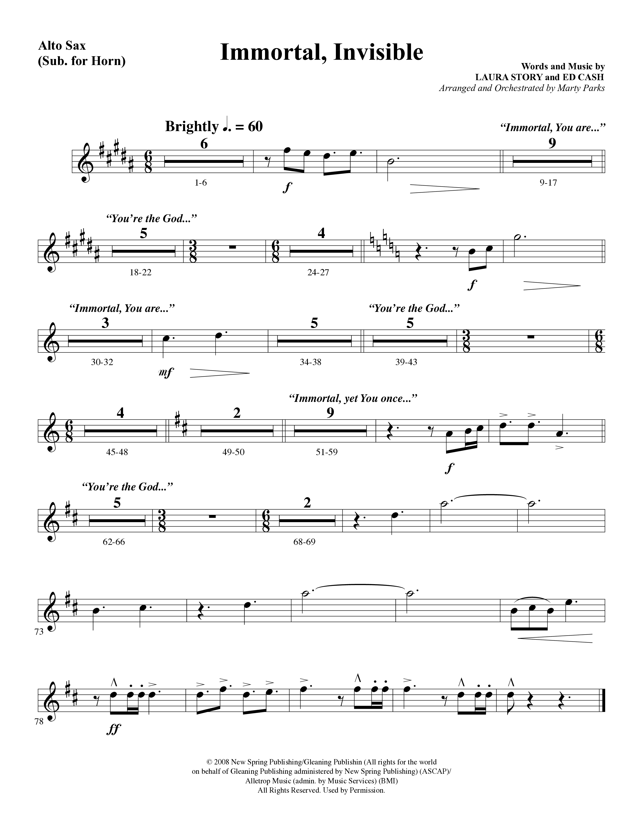 Immortal, Invisible (Choral Anthem SATB) Alto Sax (Word Music Choral / Arr. Marty Parks)