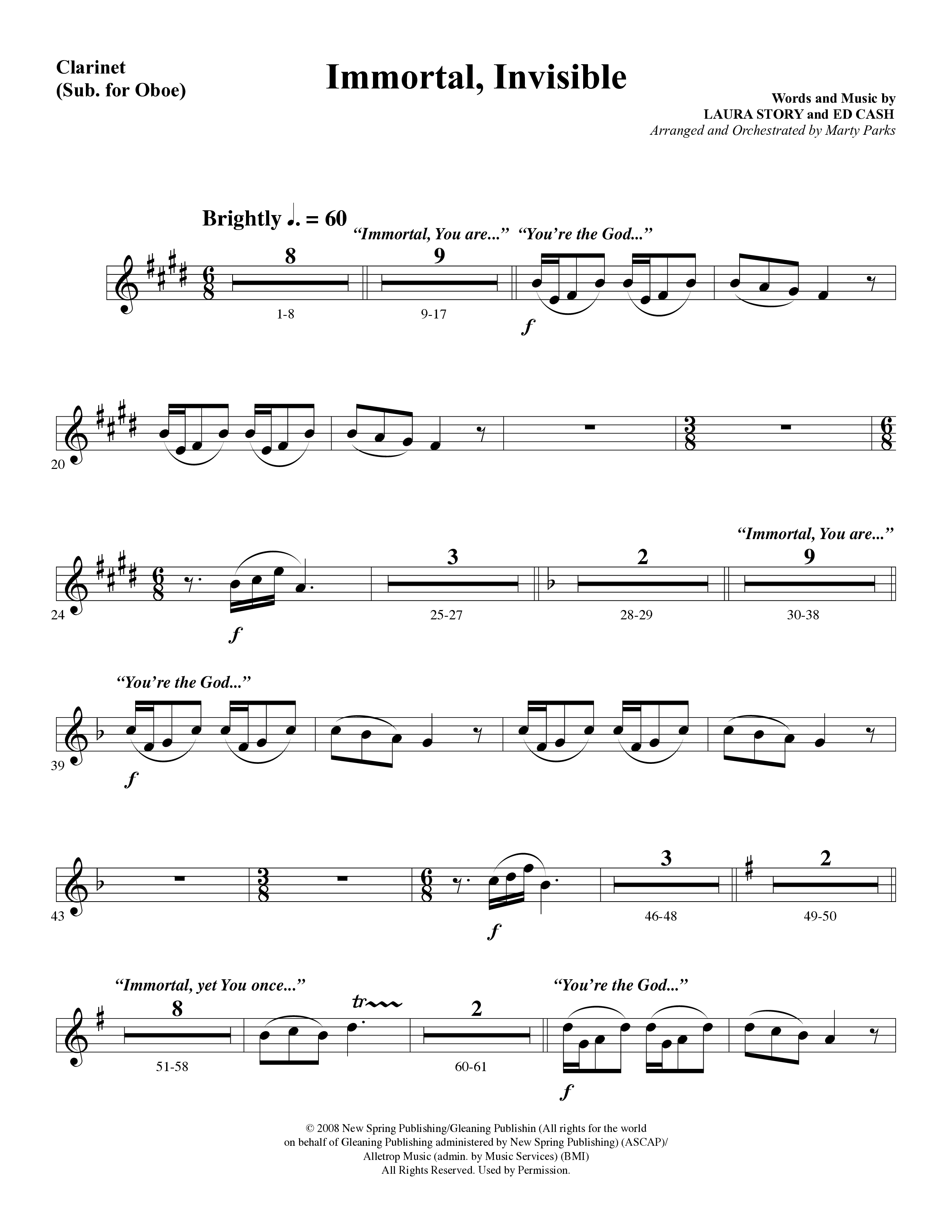Immortal, Invisible (Choral Anthem SATB) Clarinet (Word Music Choral / Arr. Marty Parks)