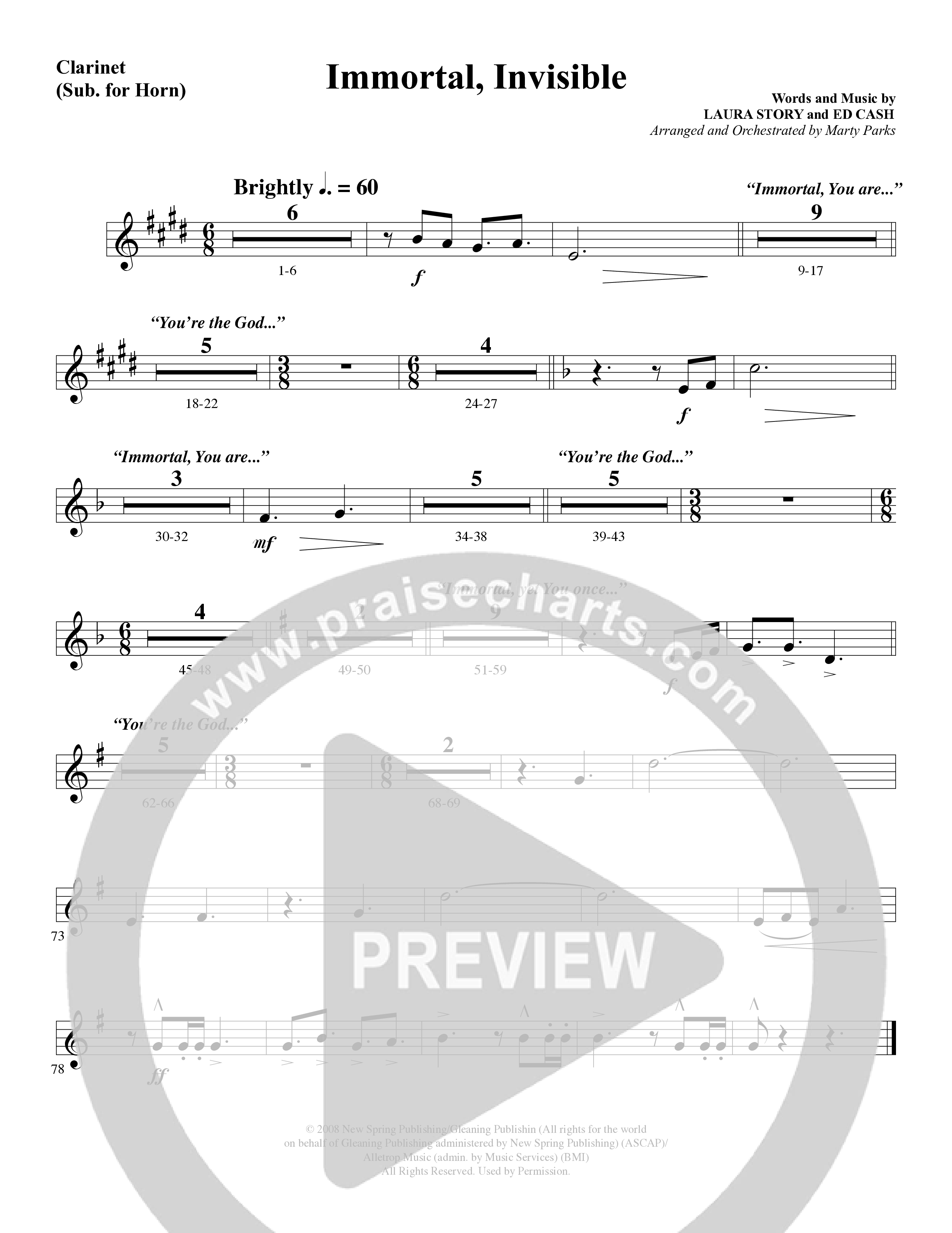 Immortal, Invisible (Choral Anthem SATB) Clarinet (Word Music Choral / Arr. Marty Parks)