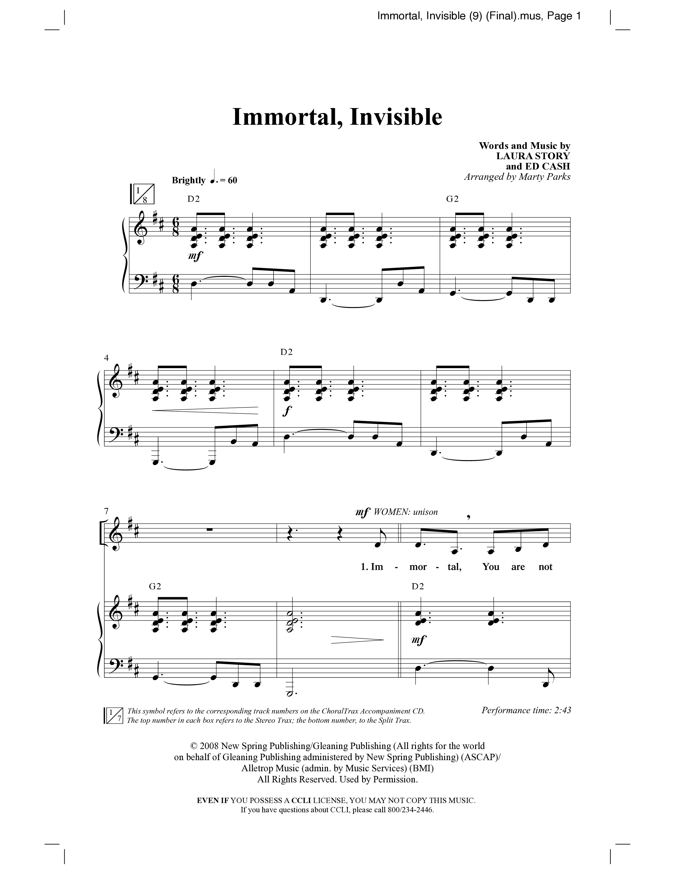 Immortal, Invisible (Choral Anthem SATB) Anthem (SATB/Piano) (Word Music Choral / Arr. Marty Parks)