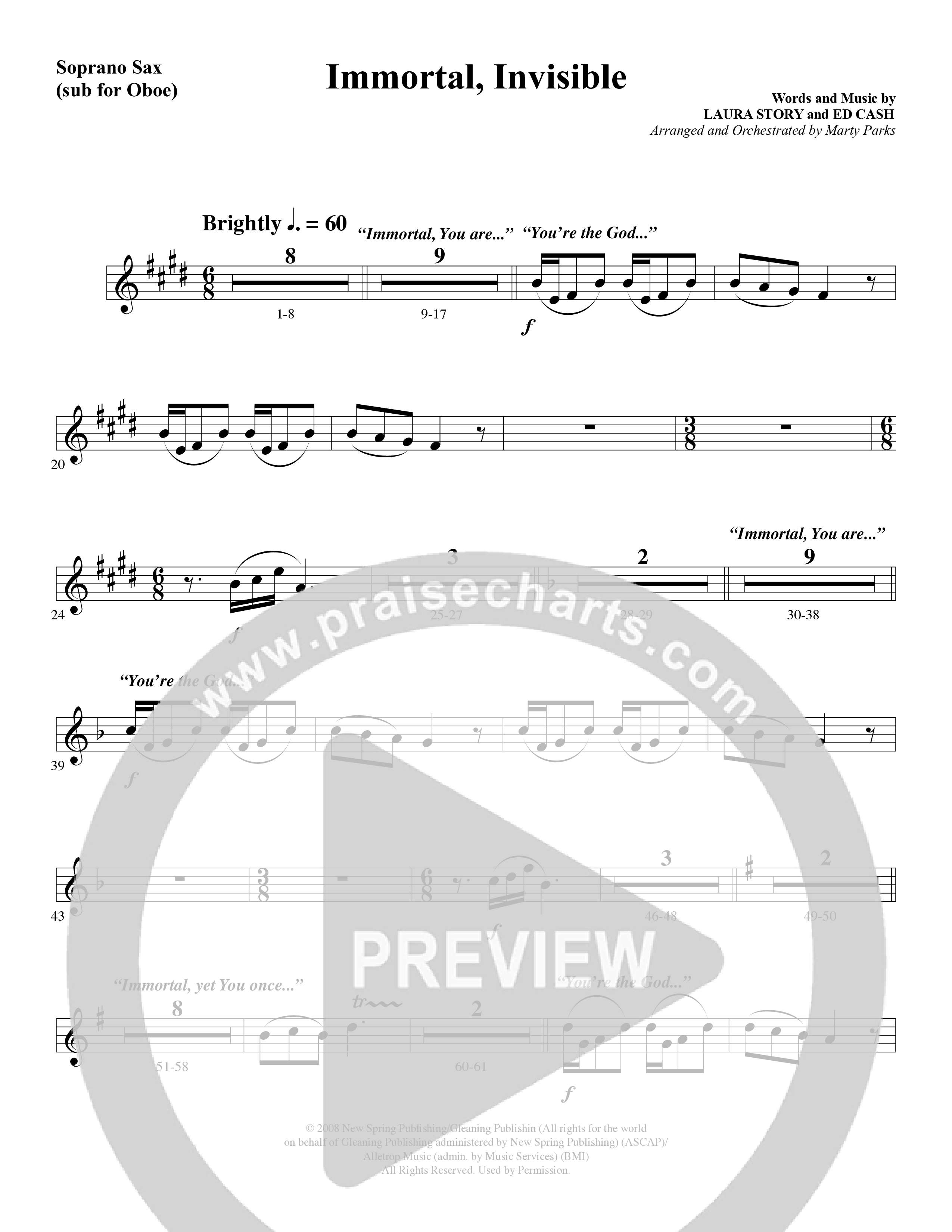 Immortal, Invisible (Choral Anthem SATB) Soprano Sax (Word Music Choral / Arr. Marty Parks)