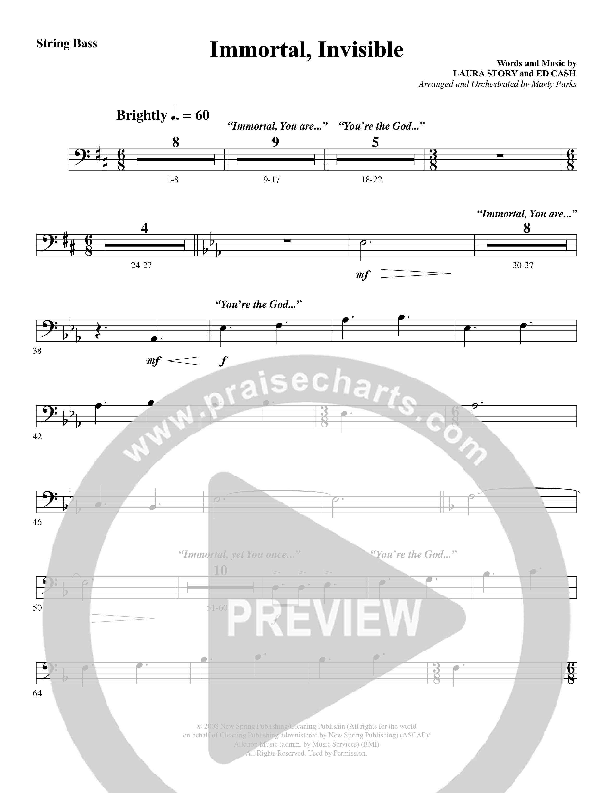 Immortal, Invisible (Choral Anthem SATB) String Bass (Word Music Choral / Arr. Marty Parks)