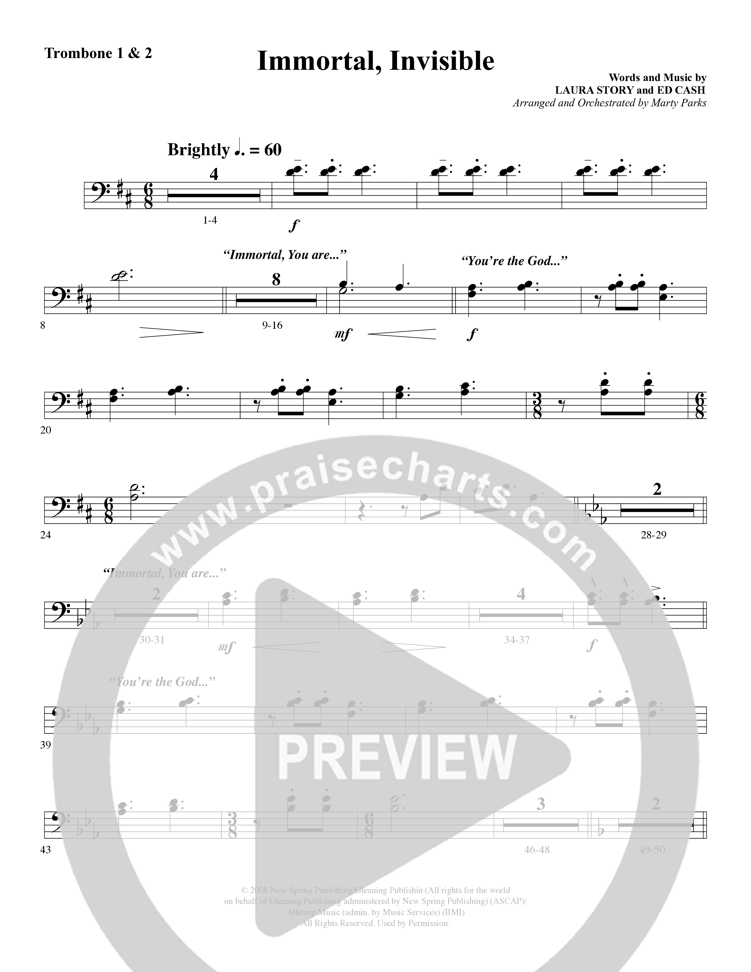 Immortal, Invisible (Choral Anthem SATB) Trombone 1/2 (Word Music Choral / Arr. Marty Parks)